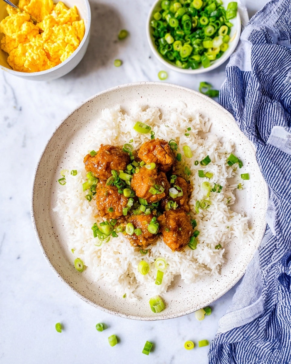 A white bowl filled with a base layer of fluffy white rice, topped with several golden brown, round meatballs that have a slightly rough texture. Small green sliced spring onions are scattered over the meatballs and rice, adding fresh color. The bowl is placed on a white marbled surface. photo taken with an iphone --ar 4:5 --v 7