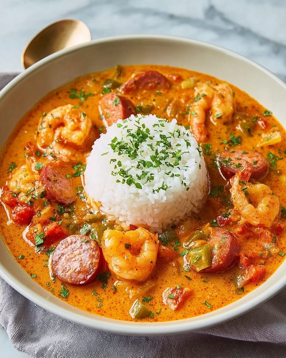 A shallow white bowl holds a rich seafood stew with a mound of white rice in the center topped with chopped green herbs. The stew surrounds the rice, showing a thick orange sauce filled with plump shrimp, slices of reddish sausage, chunks of vegetables like okra, and garnished with a sprinkle of fresh green herbs. The colors mix warm orange, creamy white, and bright green against the smooth white marbled background. photo taken with an iphone --ar 4:5 --v 7