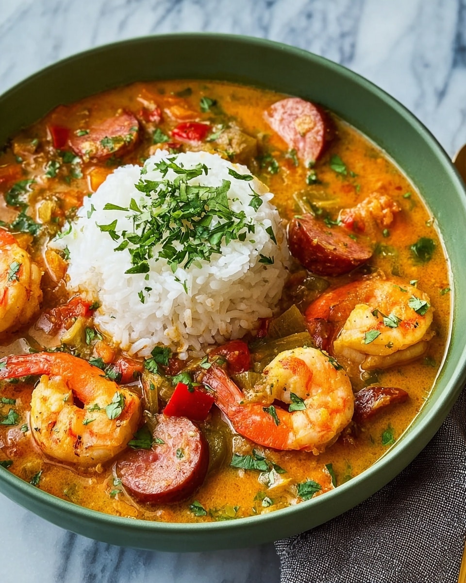 A light green bowl holds three main layers: a base layer of thick orange stew with visible chunks of shrimp, sliced sausage, and pieces of vegetables, a middle layer of bright white rice shaped into a neat mound in the center, and a top layer sprinkled with finely chopped green herbs scattered evenly across the rice and stew. The bowl sits on a white marbled surface with a soft neutral cloth partially visible nearby. photo taken with an iphone --ar 4:5 --v 7