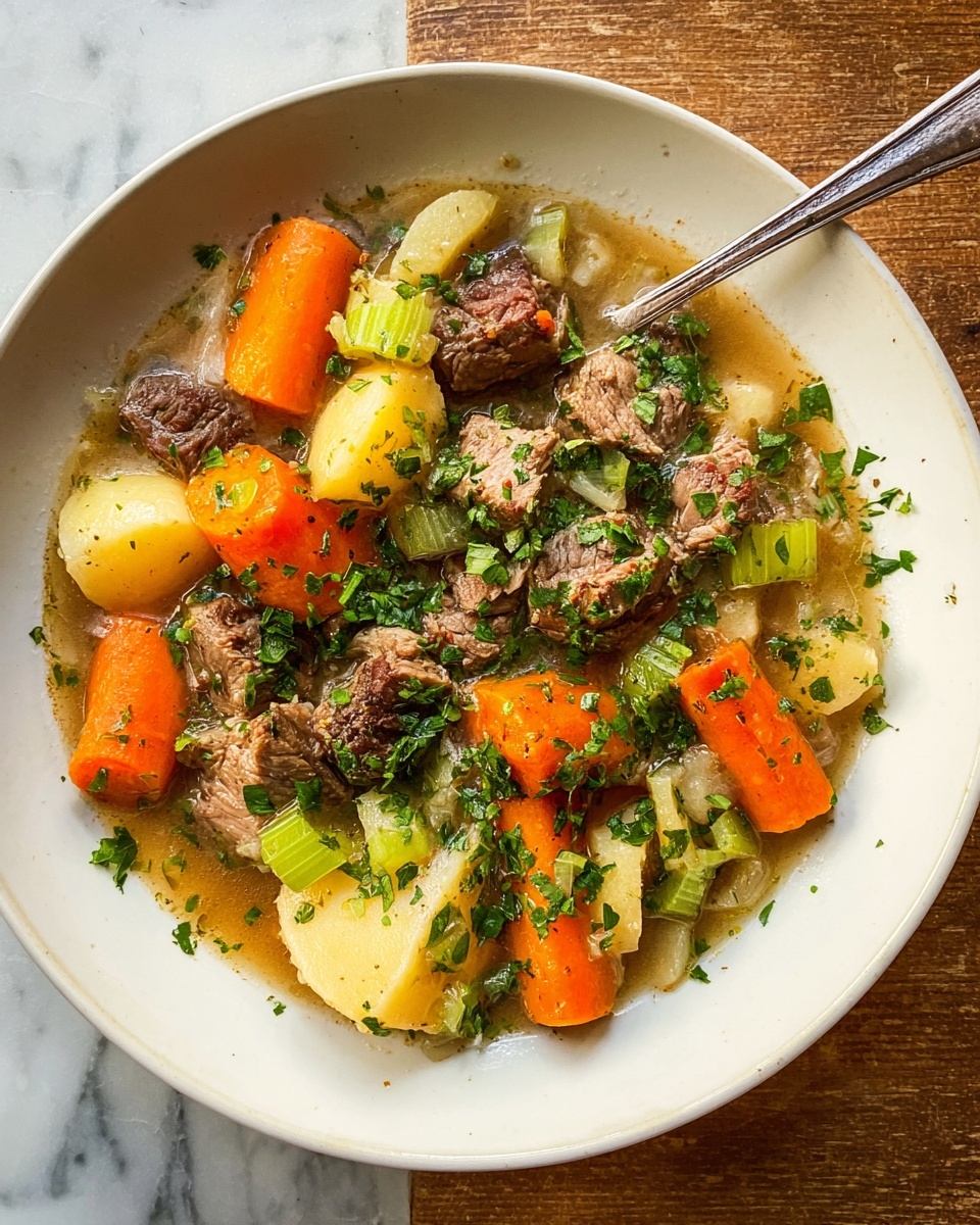A white bowl filled with a thick stew showing three main layers: at the bottom, a light brown broth with small bubbles; in the middle, chunks of bright orange carrots, pale yellow potato pieces, and green celery sticks, all soft and slightly shiny; on the top layer, dark brown tender beef pieces mixed with a sprinkle of finely chopped fresh green herbs, giving a fresh look. A shiny silver spoon rests on the side inside the bowl, all placed on a white marbled surface. photo taken with an iphone --ar 4:5 --v 7