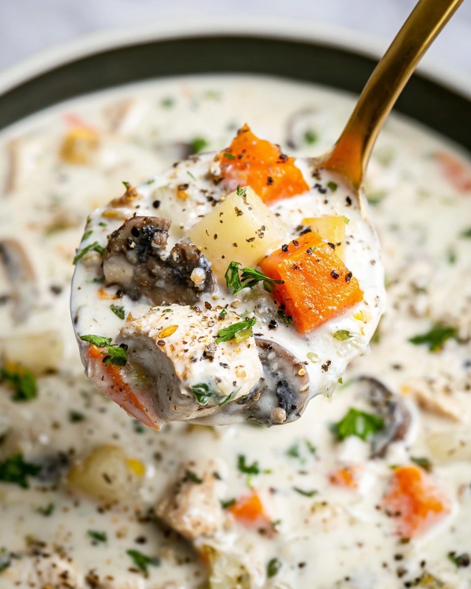 A close-up view of a spoon full of thick creamy soup with visible layers of bright orange carrot cubes, pale yellow potato chunks, dark brown mushroom slices, and white meat pieces mixed into a white creamy broth. Sprinkled green herbs and black pepper flakes are scattered on top, adding contrast and texture. The spoon lifts the soup above a bowl with the same white creamy soup and vegetables in a white marbled background. Photo taken with an iphone --ar 4:5 --v 7