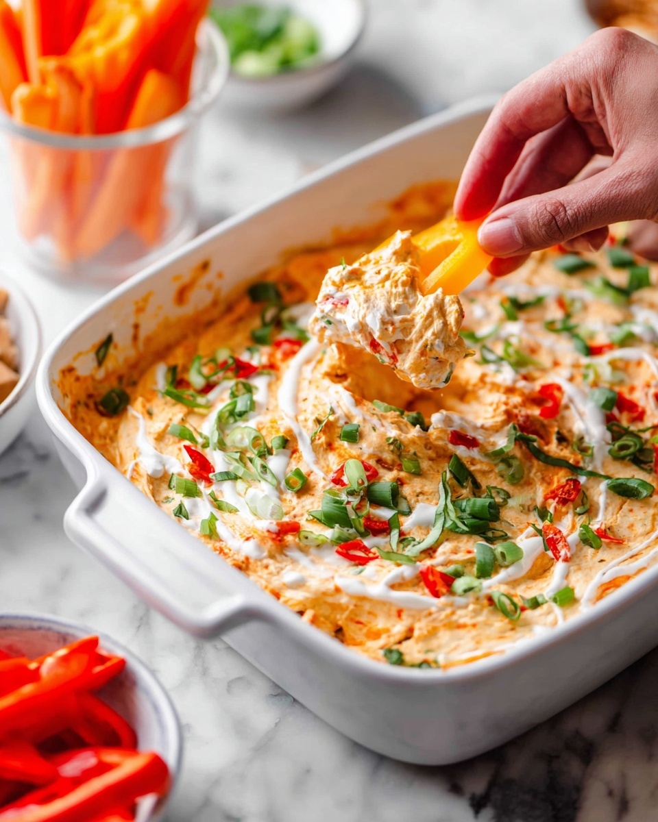 A white rectangular baking dish filled with a creamy, orange dip that has visible red pepper pieces mixed throughout. The top layer shows dollops of white sauce swirled in, sprinkled with chopped green onions and small drizzles of bright red sauce. A metal spoon is placed inside the dish on the right side. Next to the dish is a bottle of orange buffalo sauce labeled 