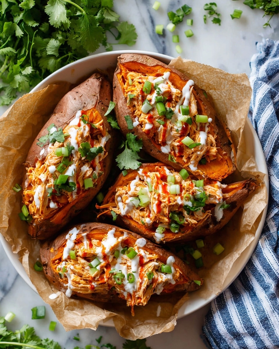 The image shows three roasted sweet potatoes placed in a white bowl lined with brown parchment paper. Each sweet potato is sliced open and filled with shredded cooked chicken that has a slightly orange color from sauce. The chicken is topped with drizzles of white and red sauces. Fresh green herbs, such as cilantro leaves and chopped green onions, are scattered on top of the chicken and around the sweet potatoes. The bowl is set on a white marbled surface with a blue and white striped cloth nearby, along with some fresh herbs in the background, photo taken with an iphone --ar 4:5 --v 7