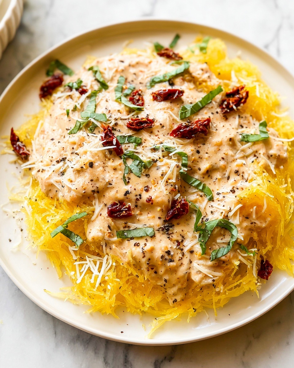 The dish shows two main layers on a white plate with a white marbled background; the bottom layer is a bed of yellow spaghetti squash strands with a slightly rough texture, and the top layer is a creamy beige sauce with seasoning, scattered with small pieces of dark red sun-dried tomatoes and fresh green basil leaves. There is also some shredded white cheese sprinkled softly on both the sauce and squash. The whole dish is lightly dusted with black pepper for a touch of contrast. Photo taken with an iphone --ar 4:5 --v 7