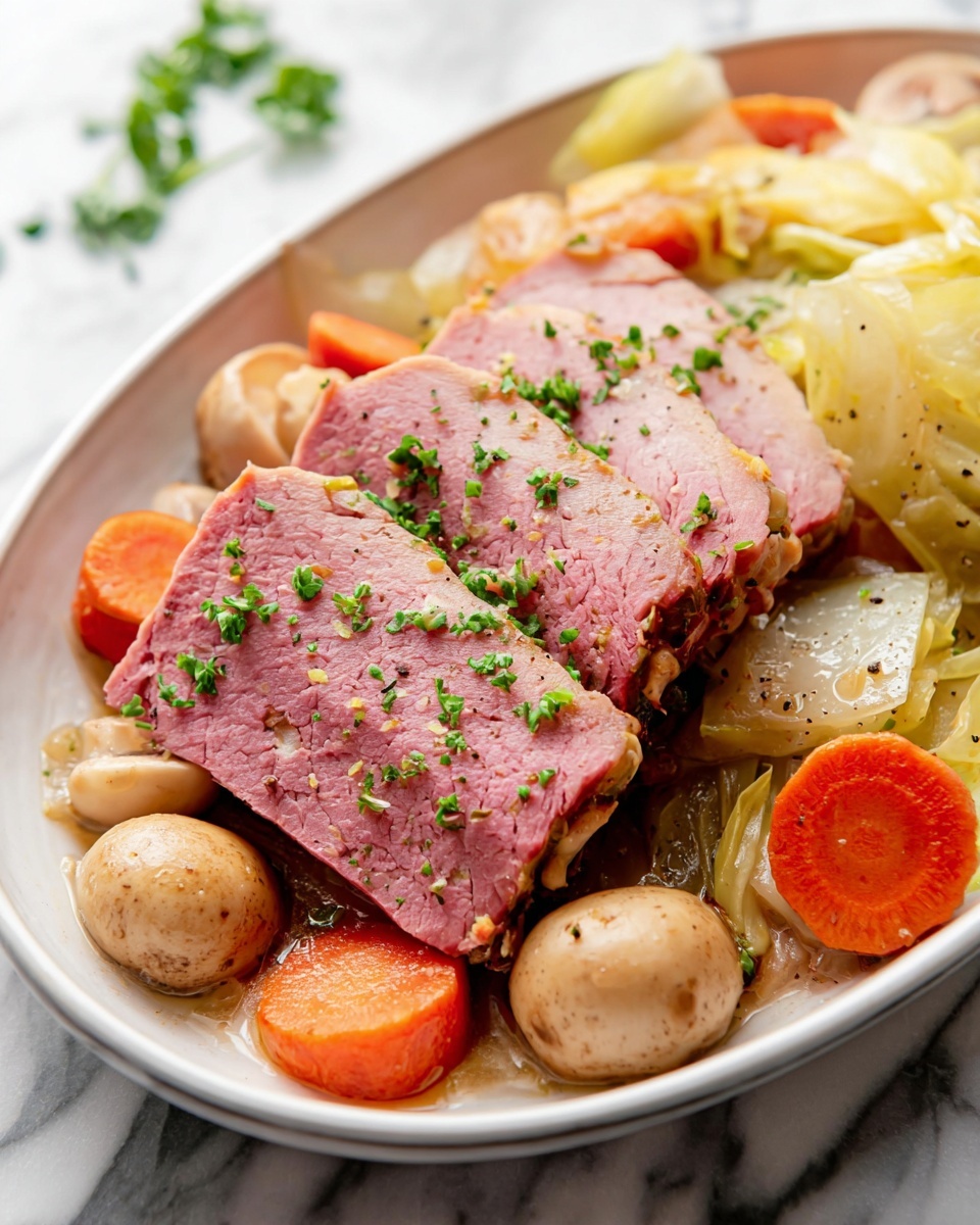 Slow Cooker Corned Beef and Cabbage Recipe 5 The dish shows three thick slices of pink meat with specks of green herbs on top, placed in the center of a white oval plate. Around the meat, there are round light brown mushrooms and chunky orange carrot pieces, both sprinkled with black pepper. On the right side and partially under the meat, there are layers of light yellow cooked cabbage with a wrinkled texture. The plate sits on a white marbled surface, and the colors of the food are bright and clear, showing a fresh cooked meal. photo taken with an iphone --ar 4:5 --v 7
