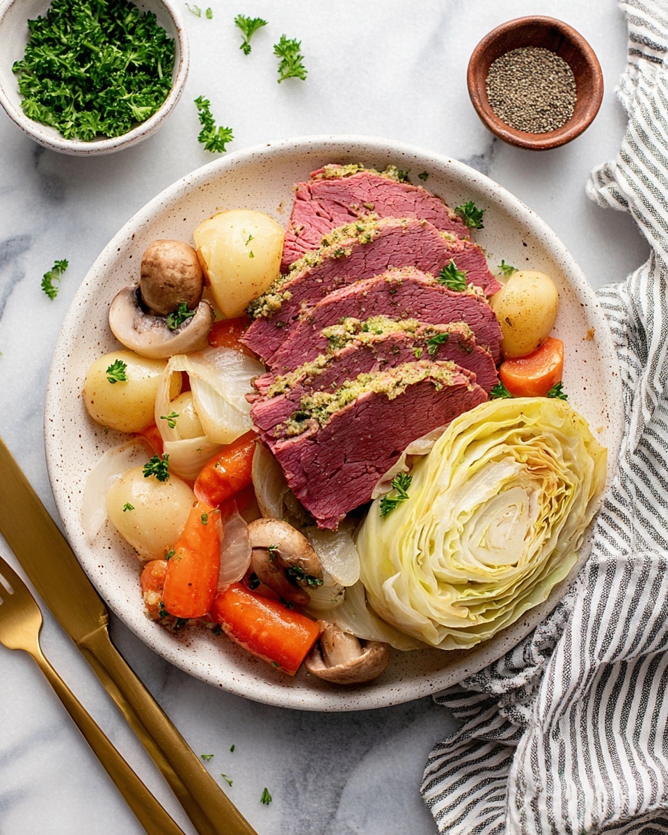 Slow Cooker Corned Beef and Cabbage Recipe 6 A white speckled plate holds a layered dish starting with a base of light beige cabbage leaves curled on one side, topped with several thick slices of pink corned beef with a grainy mustard crust, sprinkled with chopped green herbs. Surrounding the beef are whole light brown mushrooms, orange carrot chunks, and softened translucent onion slices, all lightly seasoned with black pepper and herbs. Bits of fresh green parsley are scattered across the dish. The plate rests on a white marbled surface, next to a gold fork and knife with a striped cloth nearby, a small bowl of chopped green herbs sits in the upper left corner, and a small bowl of cracked black pepper is partially visible on the right. photo taken with an iphone --ar 4:5 --v 7
