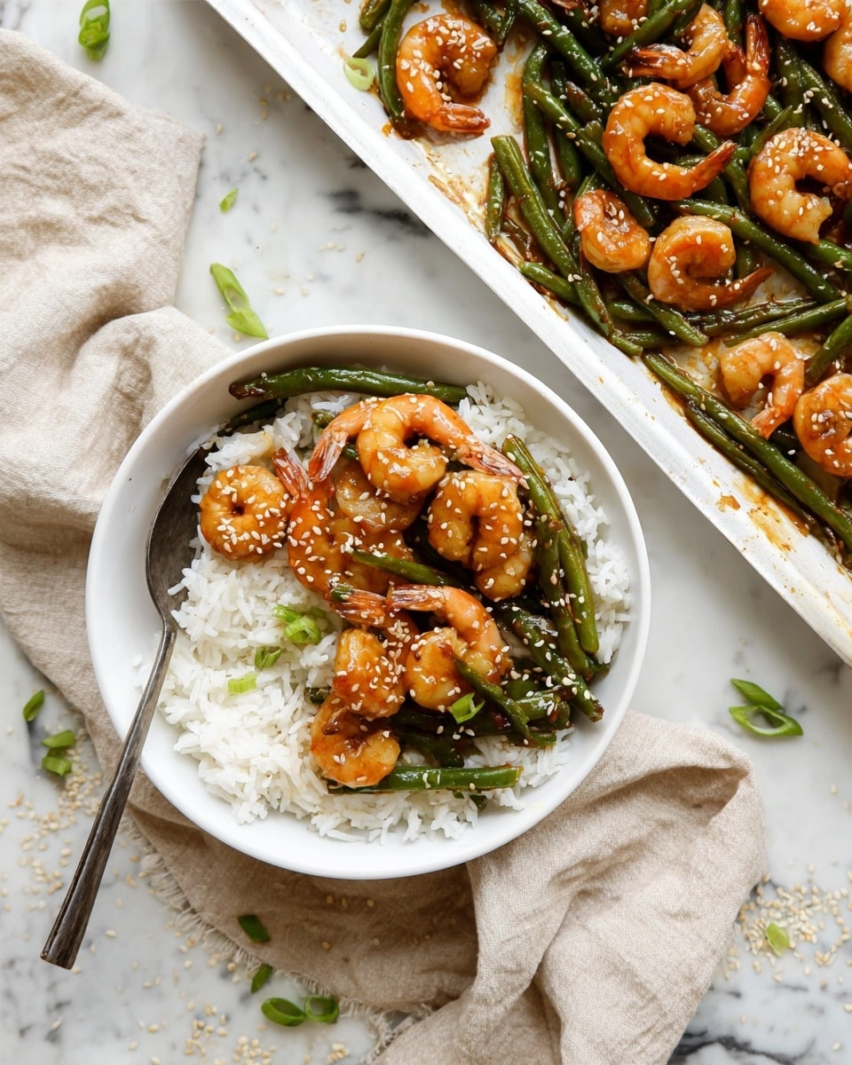 The image shows a white bowl filled with a base layer of fluffy white rice, topped with a mix of sautéed shrimp and green beans. The shrimp are cooked to a light orange color with a glossy sauce coating, and the green beans are bright green and slightly shiny. The shrimp and beans are garnished with white sesame seeds and small pieces of chopped green onion. A silver spoon rests inside the bowl. Next to the bowl, there is a white baking tray with shrimp and green beans on a white parchment paper. The scene is set on a white marbled surface with scattered sesame seeds and green onion pieces, and a beige cloth is placed under the baking tray. photo taken with an iphone --ar 4:5 --v 7