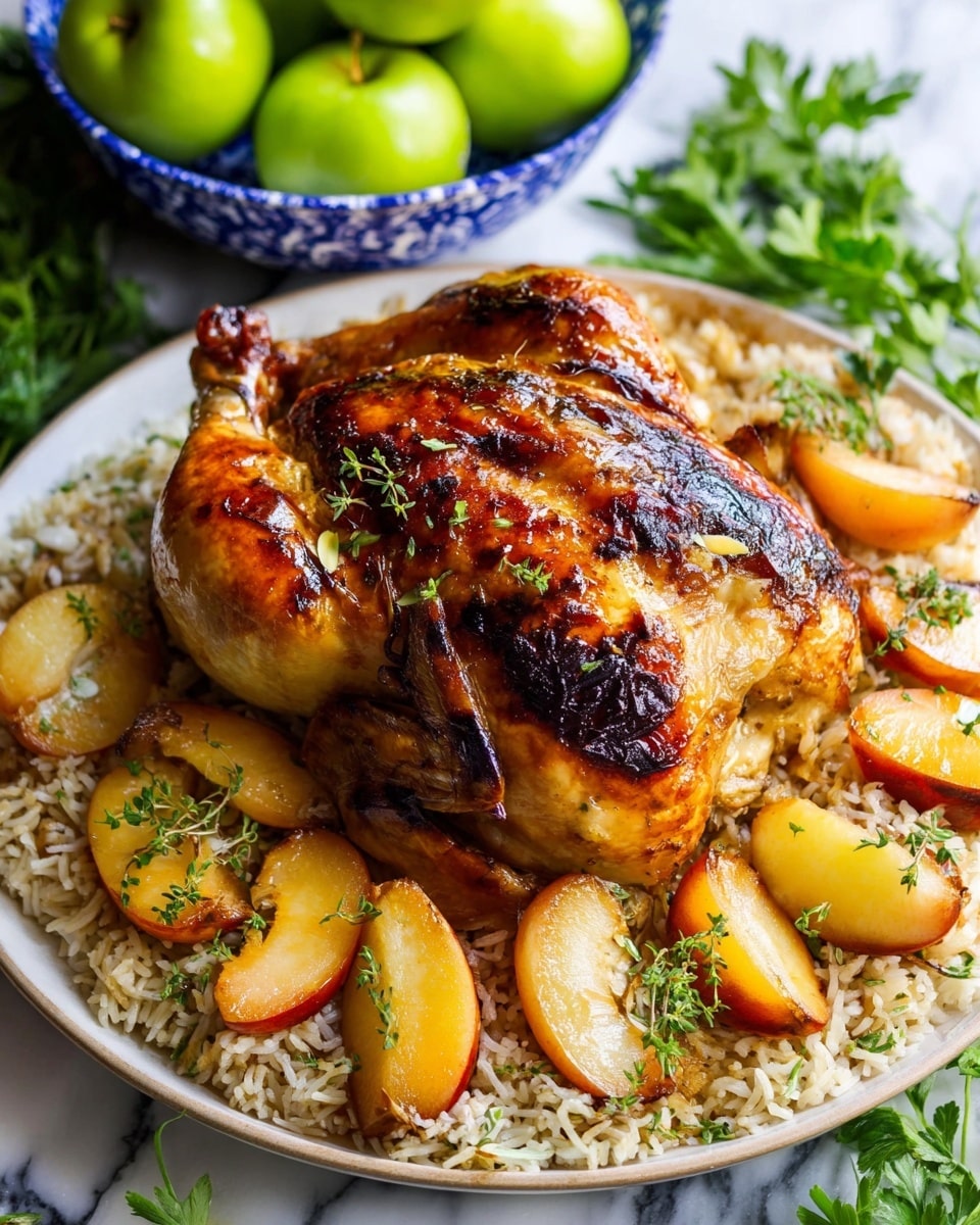 A whole roasted chicken with golden brown, crispy skin sits in the center of a white plate. The chicken has dark brown caramelized spots and is garnished with small green herb leaves. Underneath the chicken is a bed of mixed white and brown rice. Around the chicken are sliced, roasted peach or apple wedges with browned edges, sprinkled with fresh herbs. In the background, a white marbled surface is visible, along with a blue and white bowl filled with green apples. Photo taken with an iphone --ar 4:5 --v 7