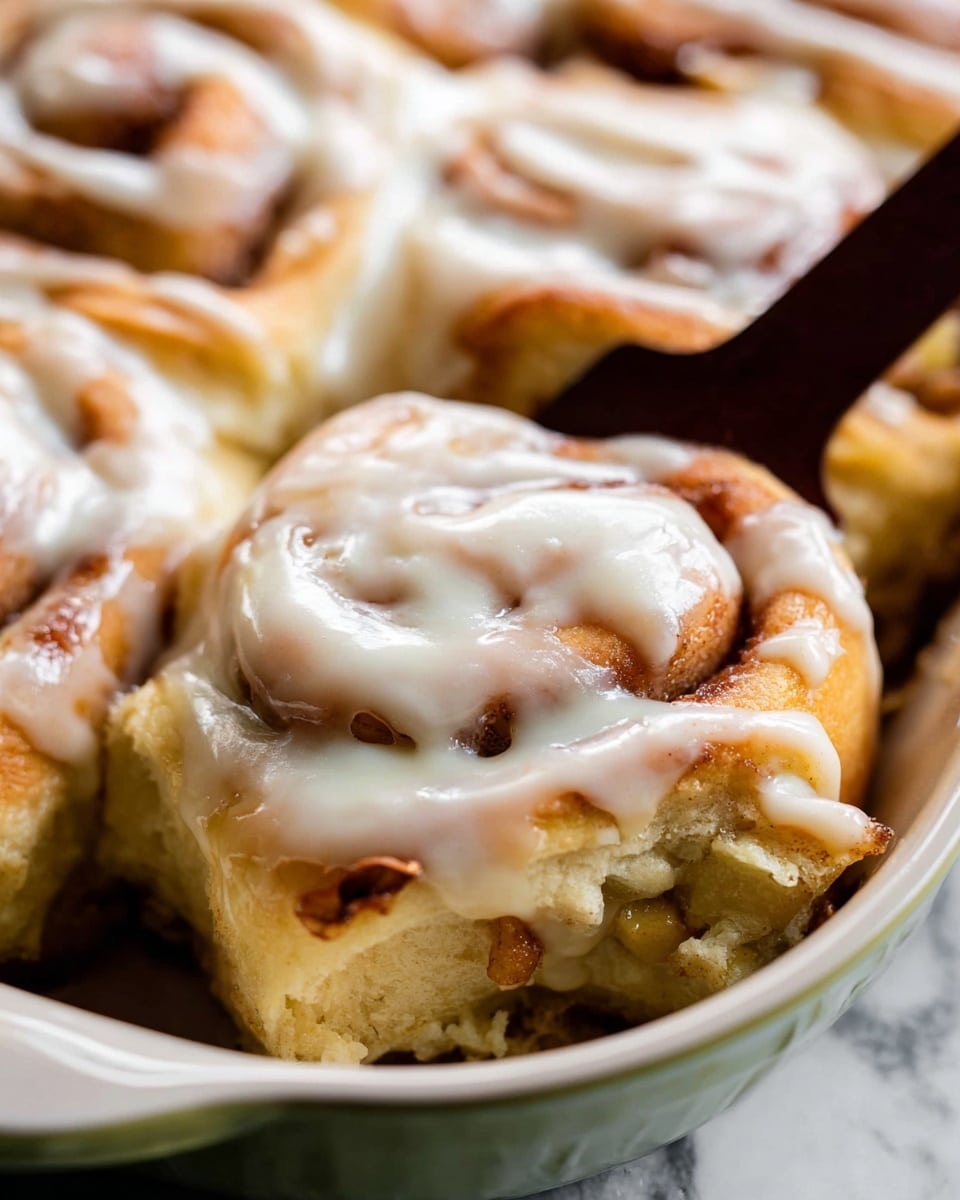 The image shows a close-up of soft cinnamon rolls in a clear glass baking dish, each roll made of light golden brown dough with visible swirls of cinnamon filling in darker brown. The rolls are covered with a thick layer of creamy white icing that looks smooth and glossy, dripping slightly over the edges. The texture of the dough appears fluffy and moist, and the cinnamon filling is peeking through in some places. This scene is set on a white marbled textured surface. photo taken with an iphone --ar 4:5 --v 7