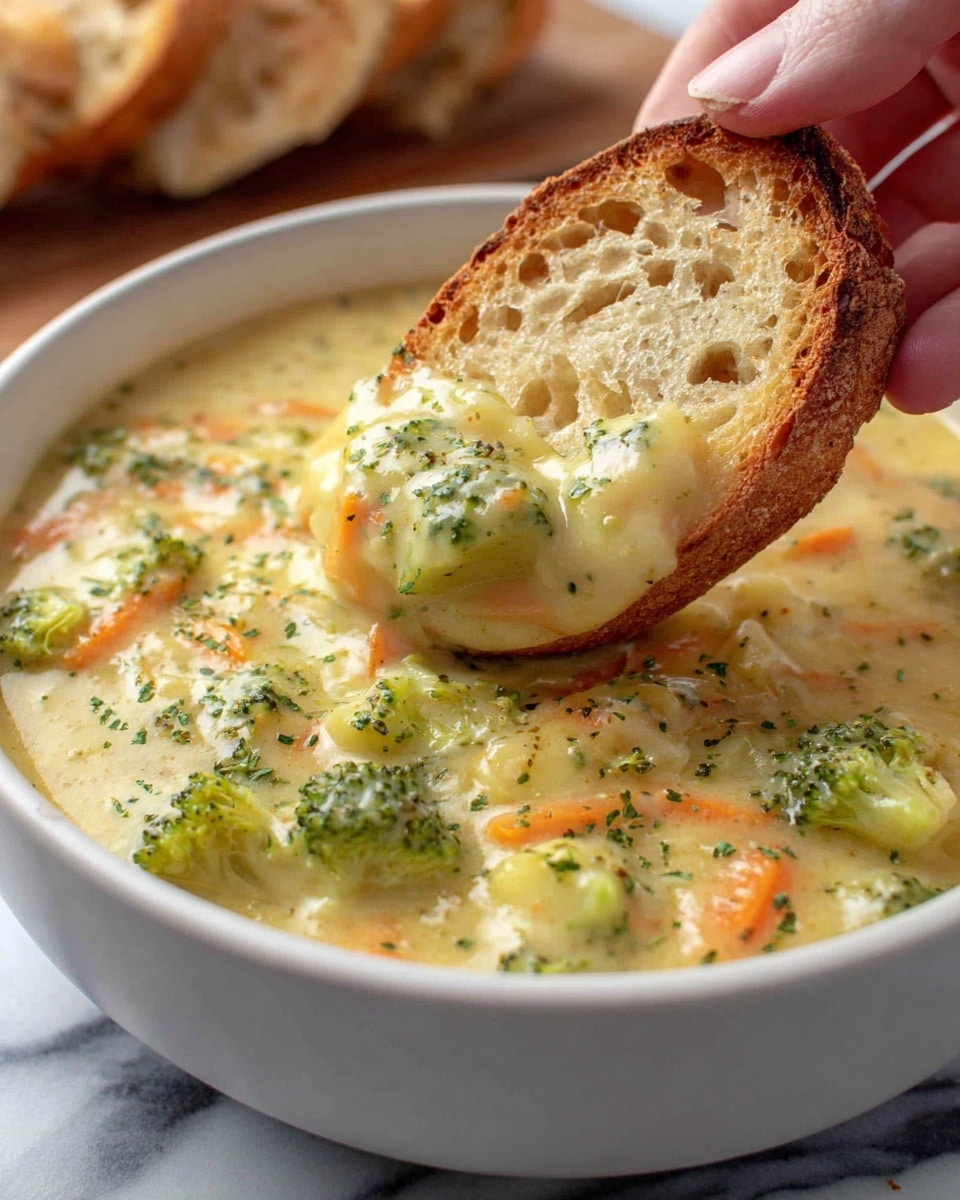 A white bowl filled with creamy soup showing three main layers: a thick, light yellow base broth with small, soft potato or dumpling pieces, scattered small orange carrot bits, and green broccoli chunks mixed throughout. The soup looks rich with a smooth texture, slightly shiny from the cream. In the foreground, a woman's hand holds a toasted slice of crusty bread that is golden brown with spots of olive oil. The bread has a bubbly, airy texture and a dollop of the soup with broth and vegetable pieces resting on it. The background is a white marbled surface with a blurred cutting board and herbs. photo taken with an iphone --ar 4:5 --v 7