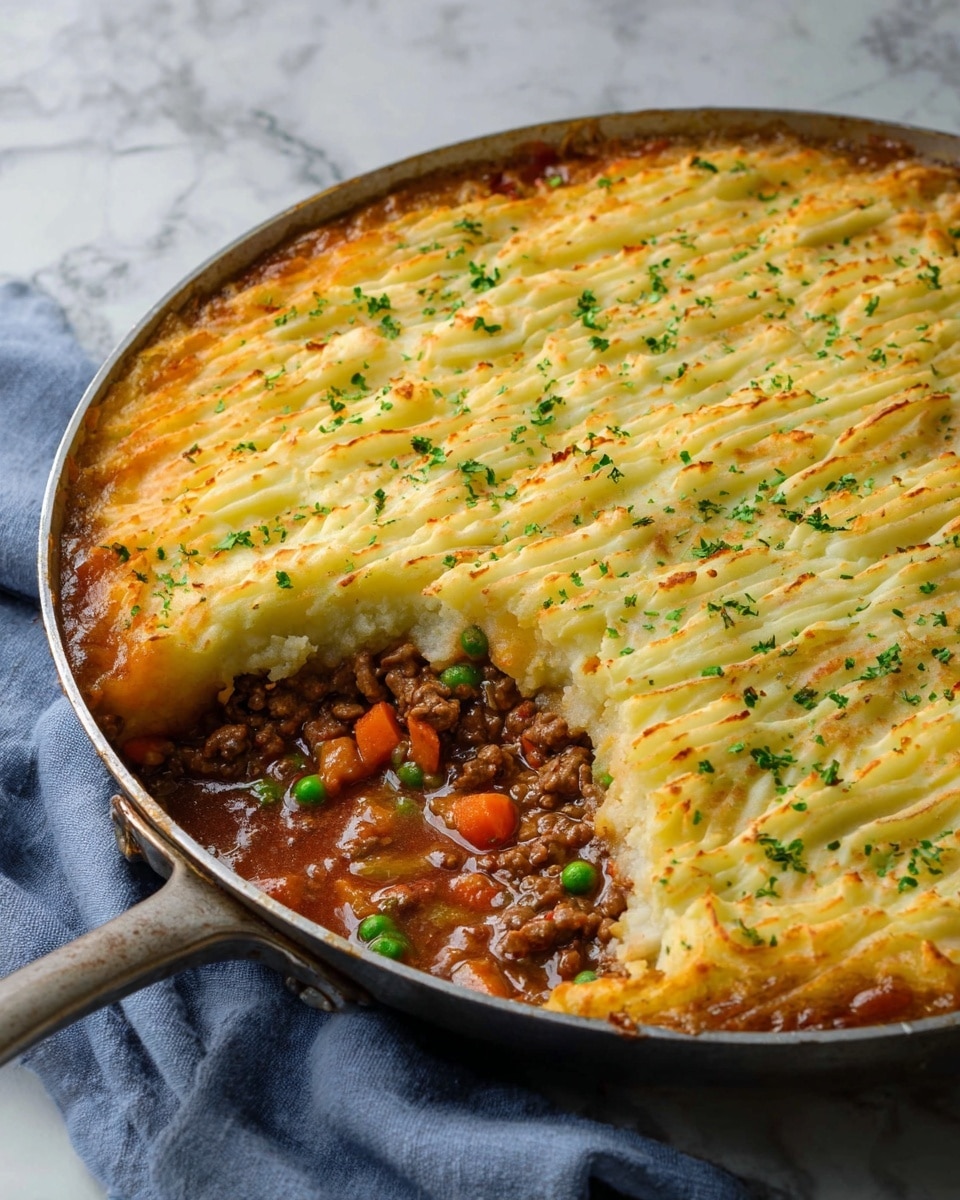 A round metal pan with a golden brown baked dish inside rests on a black stove next to a white marbled countertop. The dish has three visible layers: the outer edge shows a dark brown, thick sauce bubbling and slightly spilling over the sides; the middle section is golden with some crisp parts; the top layer is a light cream color with smooth mashed texture marked by evenly spaced, shallow ridges running horizontally and vertically across the surface. There is no garnish or extra decoration, and the pan handle extends to the left with a gray cloth partially visible. Photo taken with an iphone --ar 4:5 --v 7
