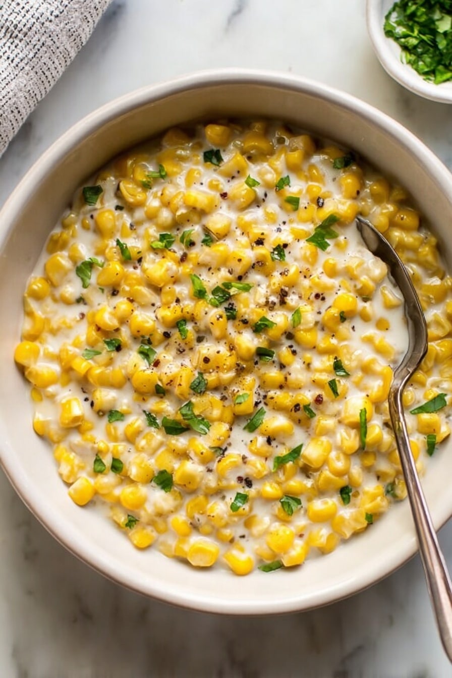 The image shows a black cast iron skillet filled with creamy yellow corn kernels mixed in a thick, light cream sauce. In the left part of the image, a mound of grated cheese sits in the center on top of the creamy corn layer. In the right part of the image, the cheese is melted and stirred in, with small green parsley leaves scattered evenly over the surface, adding a fresh touch. The skillet is placed on a white marbled surface, and a small bowl of fresh green parsley is visible in the upper right corner. photo taken with an iphone --ar 4:5 --v 7