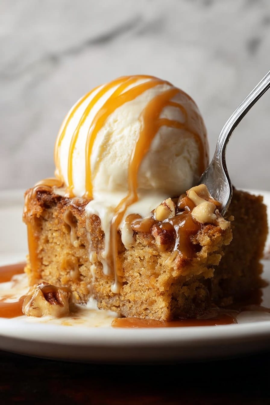 The image shows a white round plate holding a square piece of golden-brown cake with a soft, moist texture. On top of the cake sits a large round scoop of creamy white ice cream, which is smooth and slightly melting. Warm caramel sauce drips down from the ice cream onto the cake, creating shiny amber streaks. A silver fork pierces the cake in the front right, picking up a bite. The background is dark and contrasts with the white marbled surface beneath the plate. photo taken with an iphone --ar 4:5 --v 7
