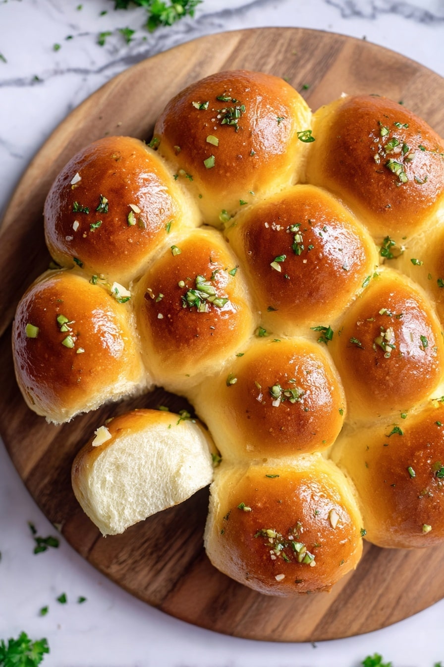 The image shows a circle of shiny golden brown dinner rolls placed closely together on a wooden board. Each roll has a smooth, glossy top with small green parsley flakes sprinkled all over. One roll is torn open, showing soft, light, and fluffy bread inside. The wooden board sits on a white marbled surface with a few scattered parsley leaves around. photo taken with an iphone --ar 4:5 --v 7