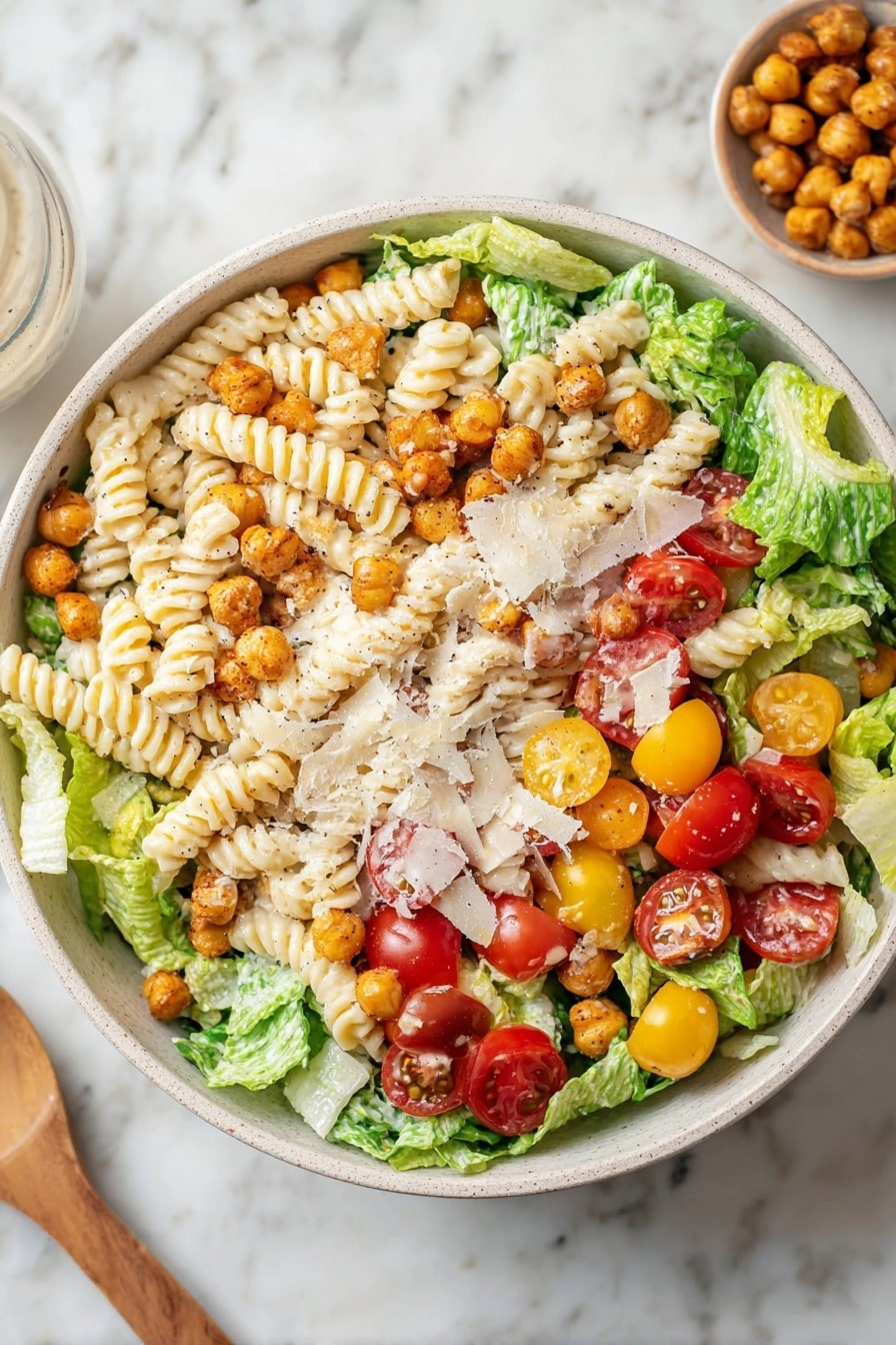 The image shows two white bowls filled with a fresh salad layered with green lettuce leaves as the base, mixed with spiral pasta pieces scattered evenly throughout, and halved red and yellow cherry tomatoes adding bright pops of color on top. Small golden brown chickpeas are sprinkled all over the salad, giving it texture. Pieces of light-colored chicken and shavings of white cheese are spread across the bowls, with creamy salad dressing lightly coating the ingredients. Around the bowls, there are small dishes and bowls containing additional chickpeas, cheese, and dressing, as well as glass cups with water and lemon slices on a white marbled surface. Photo taken with an iphone --ar 4:5 --v 7