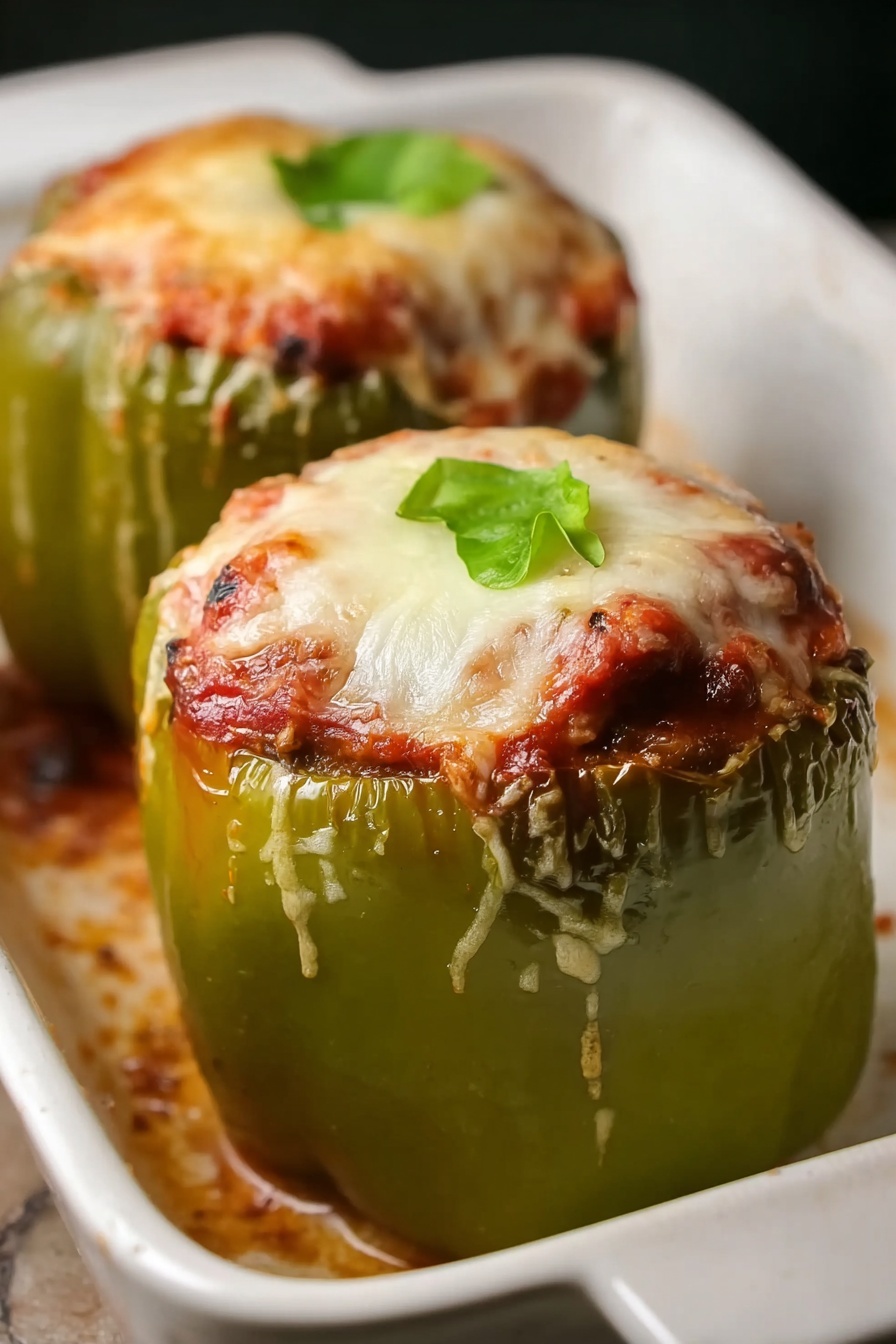 A white square baking dish holds two stuffed bell peppers side by side, each topped with a thick layer of melted, golden-brown cheese that has browned and bubbled in spots. The peppers are filled with a red tomato sauce and are slightly sunken into the bubbling cheese. The edges of the dish show baked-on dark brown spots where the cheese and sauce overflowed and crisped. The baking dish rests on a black wire cooling rack over a white marbled surface. photo taken with an iphone --ar 4:5 --v 7