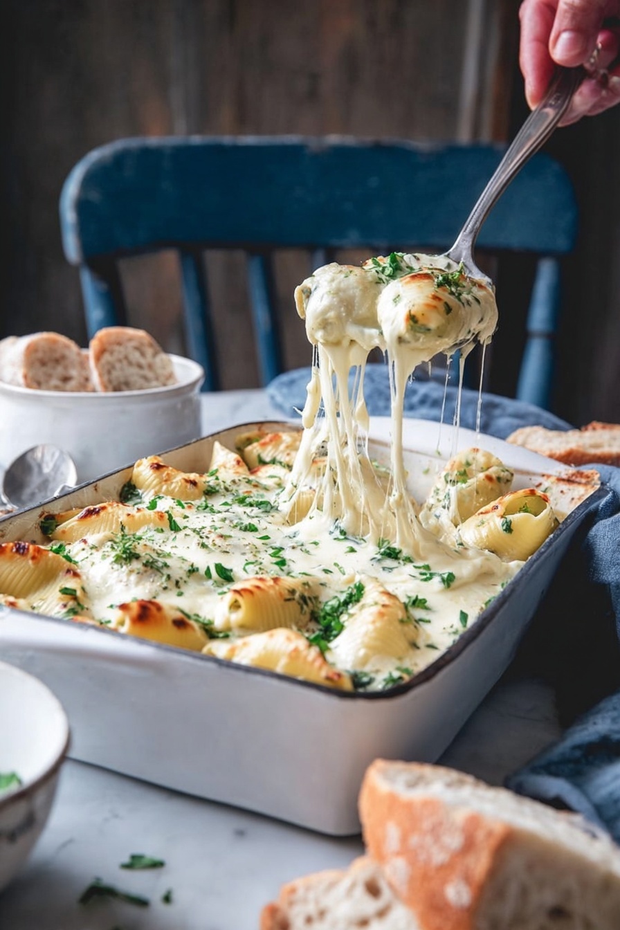 The image shows a white baking dish filled with two layers of stuffed pasta shells covered in white melted cheese sauce, with small green parsley leaves sprinkled on top. A woman's hand holds a vintage silver serving spatula lifting one cheese-covered pasta shell, with thin strings of melted cheese stretching from the dish to the lifted shell. Around the baking dish are crusty rustic bread pieces, a white bowl with a spoon, and a white plate partly visible, all set on a white marbled surface with a dark blue wooden chair in the background. The scene has a warm, cozy feeling. photo taken with an iphone --ar 4:5 --v 7