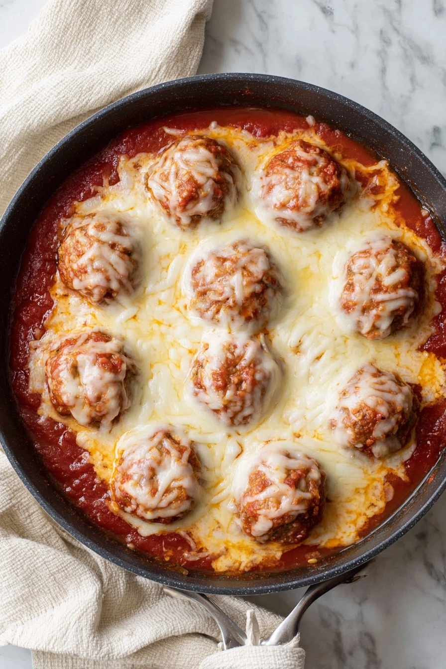 The image shows a white speckled bowl filled with three round meatballs covered in thick red tomato sauce, with melted mozzarella cheese on top of two meatballs, stretching stringy cheese between them. One meatball in the front is bitten into, revealing a light brown interior with a soft texture. A silver fork rests inside the bowl on the right side. In the foreground, there is a small white bowl filled with shredded Parmesan cheese, and in the background, a larger white bowl with more red tomato sauce is partially visible. The surface is a white marble texture photo taken with an iphone --ar 4:5 --v 7