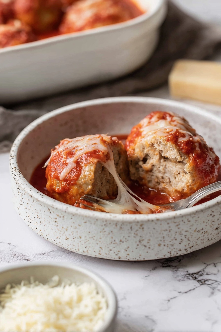 A white bowl holds a bed of light yellow spaghetti at the bottom, topped with three large, round meatballs covered in a thick red tomato sauce. The meatballs are sprinkled with melted, shredded white cheese, and some cheese strands are scattered on the sauce as well. The bowl is placed on a white marbled surface, with part of another white bowl filled with a similar dish and a small bowl of shredded cheese visible in the background. photo taken with an iphone --ar 4:5 --v 7