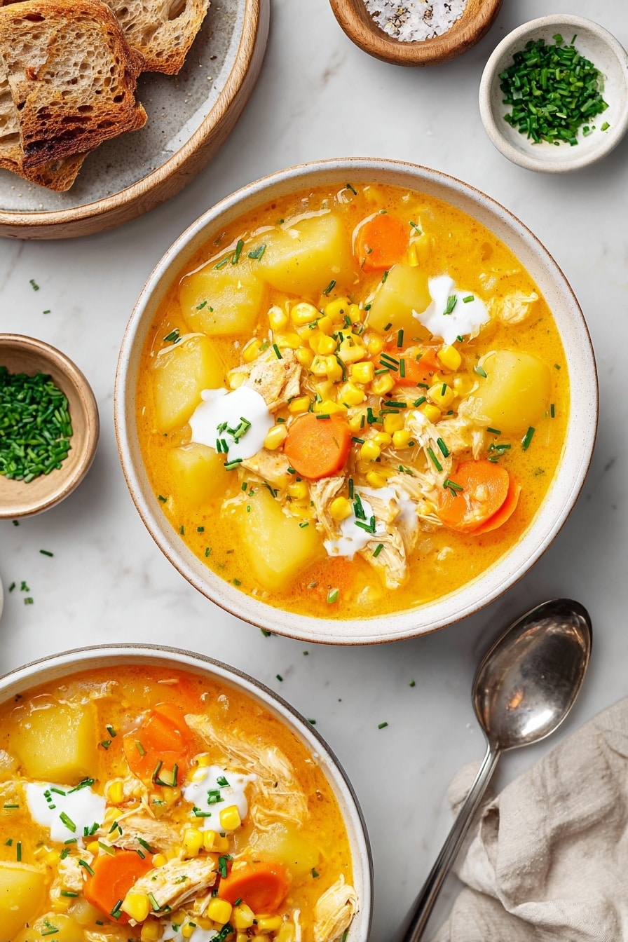 Creamy Chicken Corn Chowder Recipe 5 The image shows two beige bowls of creamy soup placed on a white marbled surface. Each bowl contains a yellow-orange broth with visible chunks of orange carrots, yellow potatoes, and small pieces of white chicken. The soup is topped with bright yellow corn kernels and finely chopped green chives, scattered over the surface. There are swirls of white cream drizzled on top of the soup, adding contrast. To the right, toasted brown bread slices rest on a white plate. Small white bowls with corn, green chives, and pepper flakes are positioned around the soup bowls. A silver spoon lies on the left side of the frame, resting next to a striped cloth. photo taken with an iphone --ar 4:5 --v 7