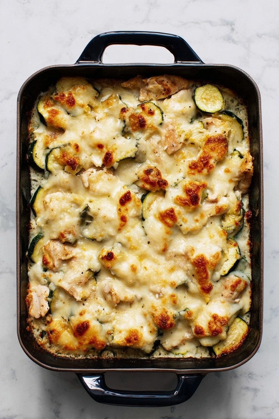 Cheesy Chicken Zucchini Casserole Recipe 5 A black plate holds a serving of a two-layered baked dish placed on a wooden surface. The bottom layer consists of soft, light green zucchini slices scattered unevenly. The top layer is made of melted light yellow cheese with small browned spots, covering cubes of pale off-white cooked chicken mixed in. Shredded white cheese is sprinkled lightly on top and around the plate. There is a black fork resting on the right side of the plate lifting a piece of the dish, stretching melted cheese. A black baking dish containing more of the same baked dish is visible on the top left, with a black serving spoon inside. Photo taken with an iphone --ar 4:5 --v 7