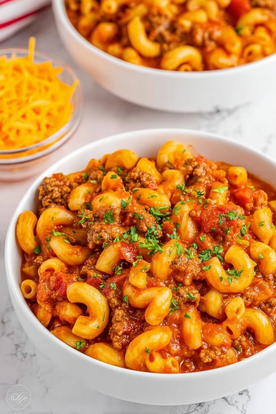 This close-up image shows a dish of cooked elbow macaroni mixed with ground meat, small chunks of red and green bell peppers, and tomatoes, all coated in a rich, slightly shiny brownish-orange sauce. The pasta is plump and soft with a smooth texture, and the meat is finely crumbled and mixed evenly throughout. The pieces of vegetables add bright touches of green and red color, contrasting with the warm tone of the sauce. A wooden spoon is scooping some of the pasta from the white bowl, and the background features a white marbled surface. photo taken with an iphone --ar 4:5 --v 7