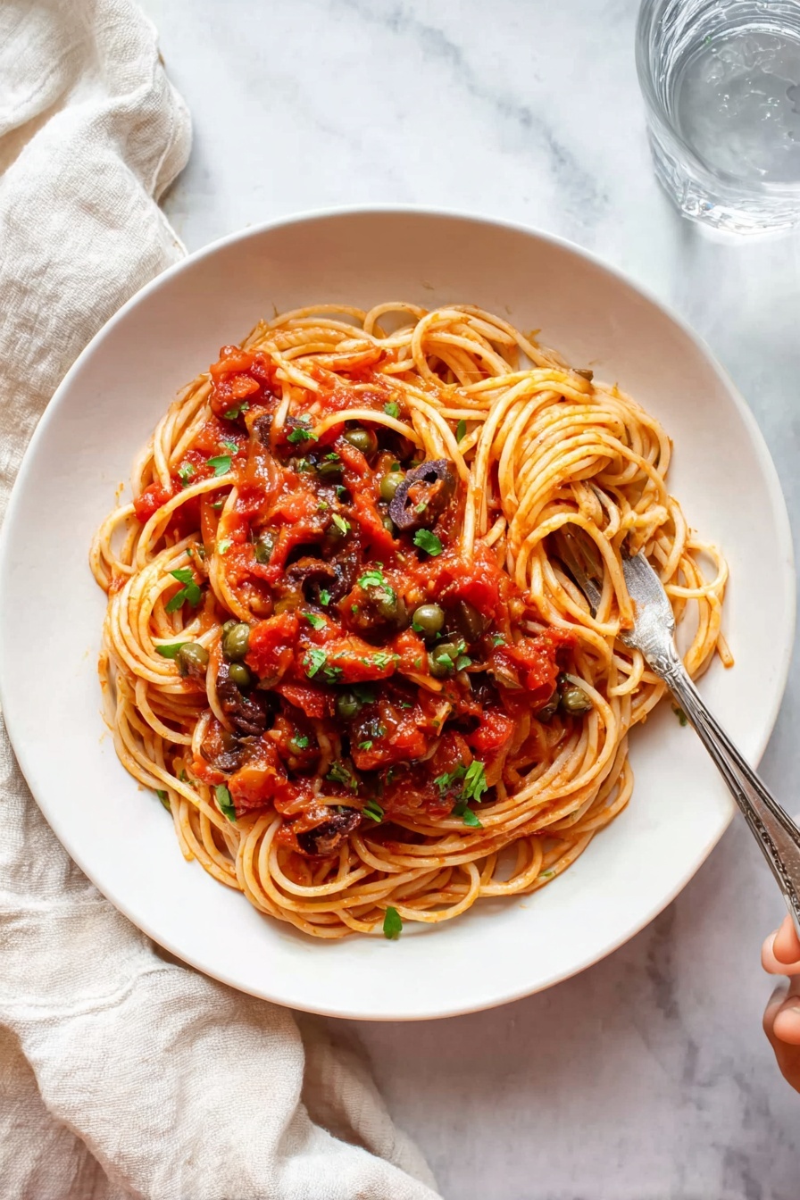 A white scalloped plate on a white marbled surface holds a round nest of plain cooked spaghetti noodles forming the bottom layer. On top, a thick tomato-based sauce covers the center of the pasta, showing chunks of tomato and bits of black olives and herbs mixed in, adding red, black, and green colors with a chunky texture. Fresh green parsley leaves are scattered on top as a final garnish. A beige cloth is casually placed to the left of the plate, and a clear glass of water is in the top right corner. photo taken with an iphone --ar 4:5 --v 7