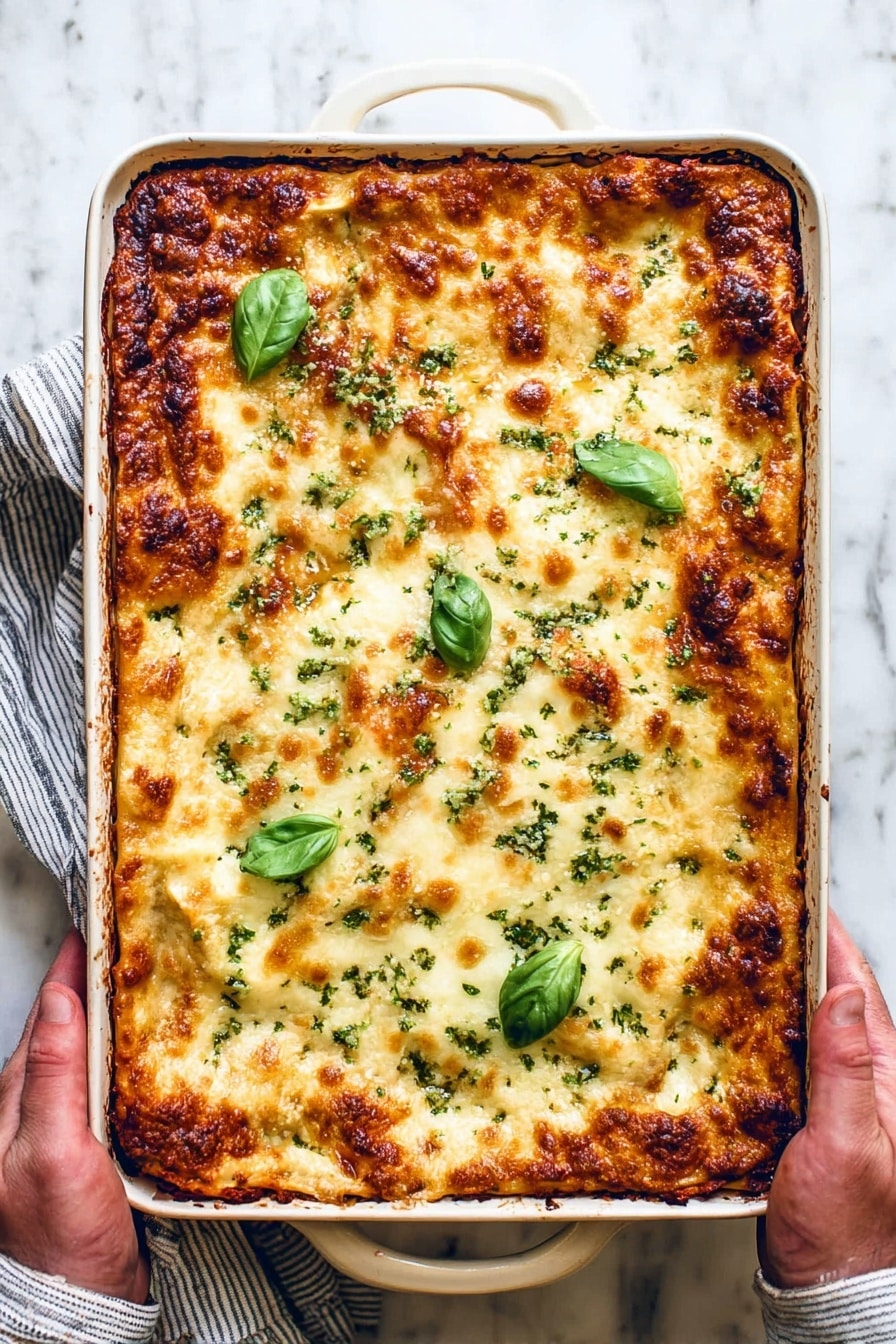A rectangular white baking dish filled with a baked lasagna showing a golden-brown, bubbly cheese layer on top with darker browned spots and green herb leaves scattered across for garnish. The top layer is thick and textured with slightly crispy edges. A woman's hand holds the dish from the bottom right corner with a striped cloth, while another woman's hand steadies it from the top right. The dish is photographed on a white marbled surface. photo taken with an iphone --ar 4:5 --v 7