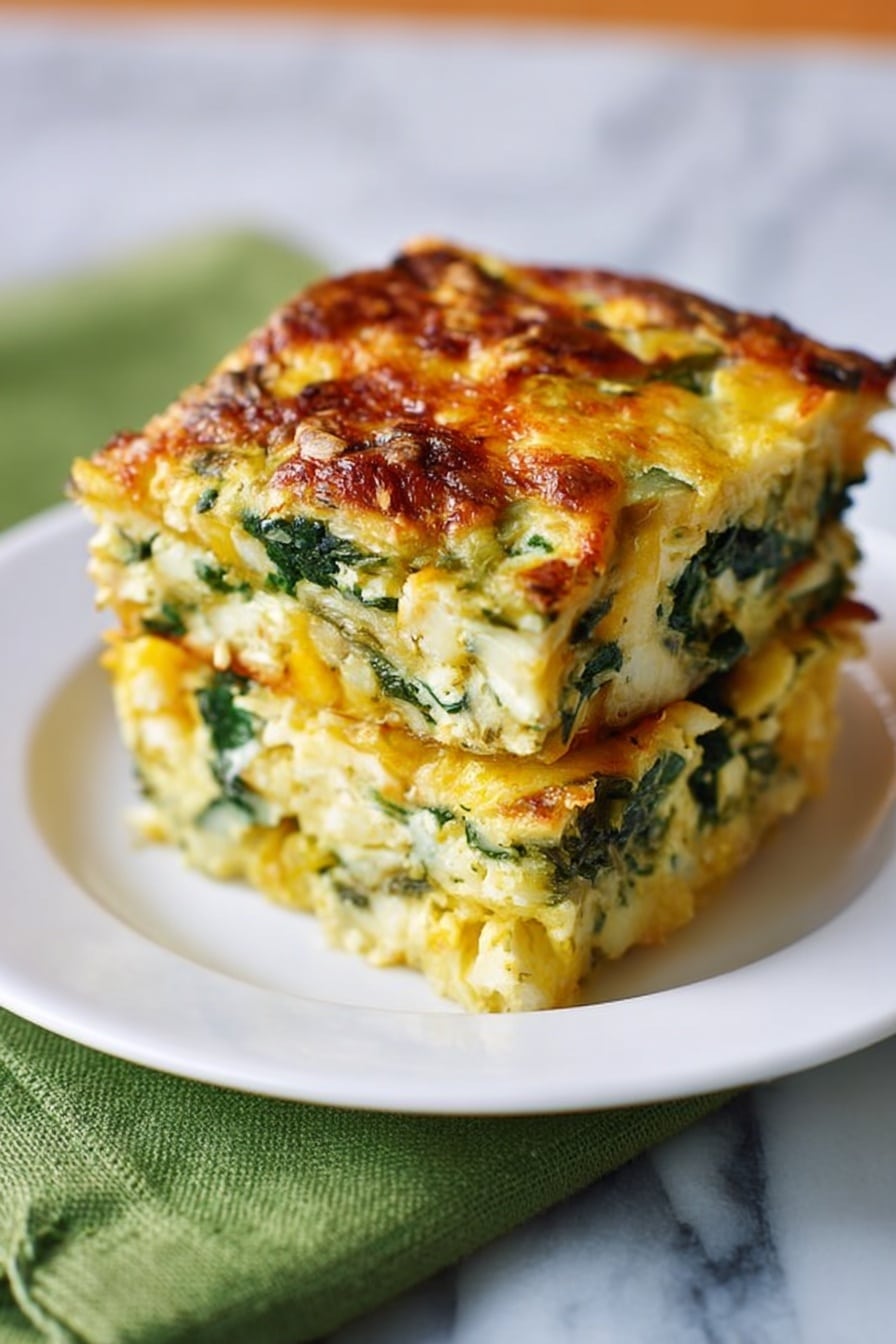 Butternut Squash Spinach Lasagna Recipe 6 The image shows two stacked square pieces of a casserole-like dish on a white plate, placed on a green cloth over a white marbled surface. The dish has three visible layers: the top layer is golden brown with slightly crisp and textured edges, the middle layer is lighter and creamier with bits of spinach or green leaves spread throughout, and the bottom layer mirrors the top with similar golden and green textures. The dish looks soft but holds its shape well, and there is a larger white dish with more casserole blurred in the background. photo taken with an iphone --ar 4:5 --v 7