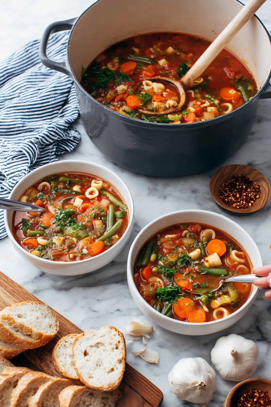 Hearty Vegetarian Minestrone Soup Recipe 5 A metal pot filled with vegetable soup sits on a white marbled surface, showing thick red broth with round orange carrot slices, white beans, green beans, diced tomatoes, and small round pasta. A wooden spoon inside the pot lifts a scoop of soup, showing layers of carrots, green beans, and pasta. Below the pot, two white mugs filled with the same soup sit side by side, each with a spoon inside. To the right, there is a wooden cutting board with chopped parsley, a small wooden bowl with red pepper flakes, two full garlic bulbs, and several slices of crusty white bread placed nearby. A cream and blue striped cloth lies casually in the bottom left corner. Photo taken with an iphone --ar 4:5 --v 7
