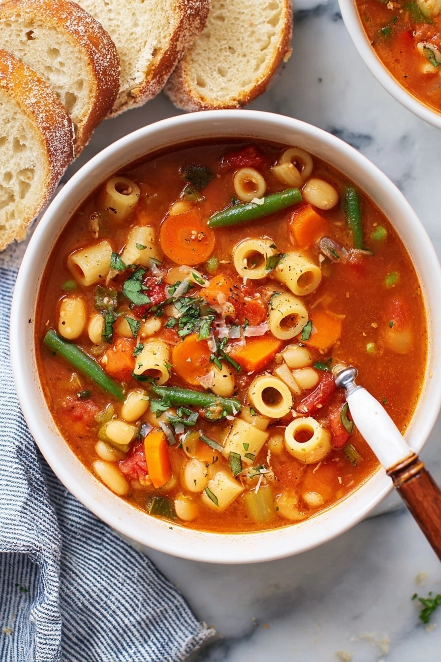 Hearty Vegetarian Minestrone Soup Recipe 6 A white bowl filled with vegetable soup showing clear layers made of small round pasta, white beans, sliced orange carrots, green beans, diced tomatoes, and onions in a reddish broth. The vegetables and pasta float on top with herbs sprinkled over. A silver spoon with a wooden handle rests inside the bowl. The bowl is placed on a white marbled surface with slices of bread beside it and a white and blue striped cloth nearby. Photo taken with an iphone --ar 4:5 --v 7