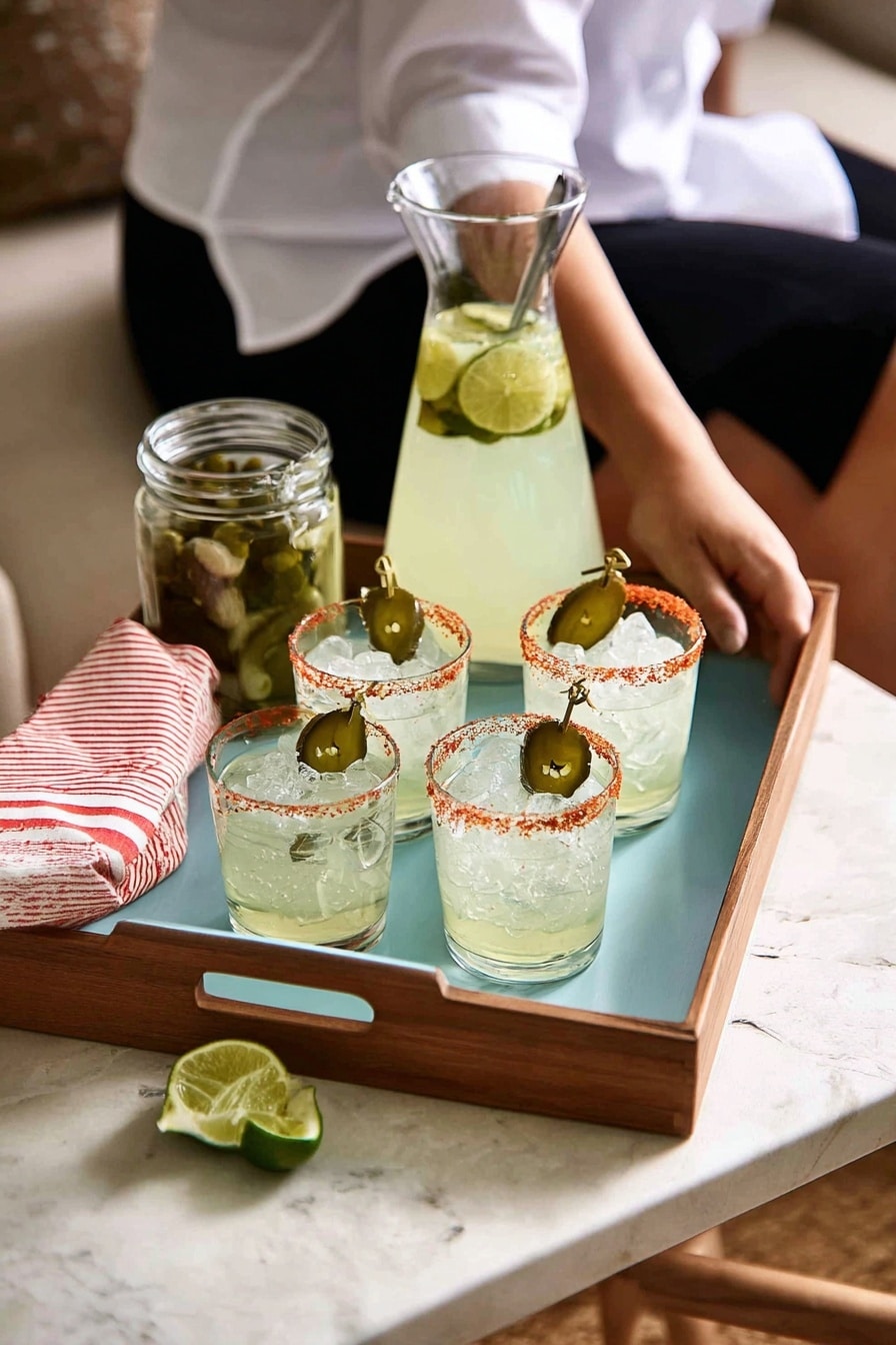 Spicy Pickle Margarita Recipe 5 The image shows three clear glasses filled with crushed ice and a light greenish-yellow drink, each glass rimmed with a reddish seasoning. Each glass is garnished with two small green pickles skewered on a small silver stick, resting on top of the ice. The glasses are placed on a glossy white marbled surface with some lime wedges scattered around. A clear pitcher filled with the same drink and ice, with slices of green jalapeño floating inside, sits on the left side next to a jar of pickles. A woman’s hand with light purple nail polish is holding one of the glasses, while she is dressed in a white shirt and a black and white striped garment. The shot is close-up and bright, focusing on the freshness and details of the drinks. Photo taken with an iphone --ar 4:5 --v 7