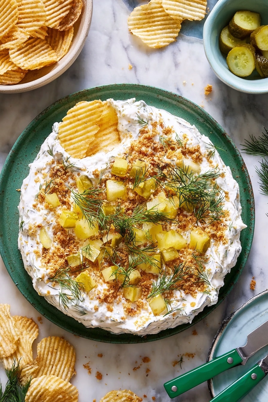 Viral Pickle Dip with Crispy Breadcrumbs Recipe 6 A beige bowl is filled with a thick white creamy dip as the base layer, topped with small green pickle pieces and sprigs of fresh dill scattered evenly on top. There is a light golden crumbly layer sprinkled over the dip, with a drizzle of pale yellow oil adding shine. A woman's hand holding a ridged potato chip is dipping into the creamy mix, showing the dip clinging to the chip. In the background, there is a white bowl with ridged potato chips and a white plate with fresh dill on a white marbled surface. Photo taken with an iphone --ar 4:5 --v 7