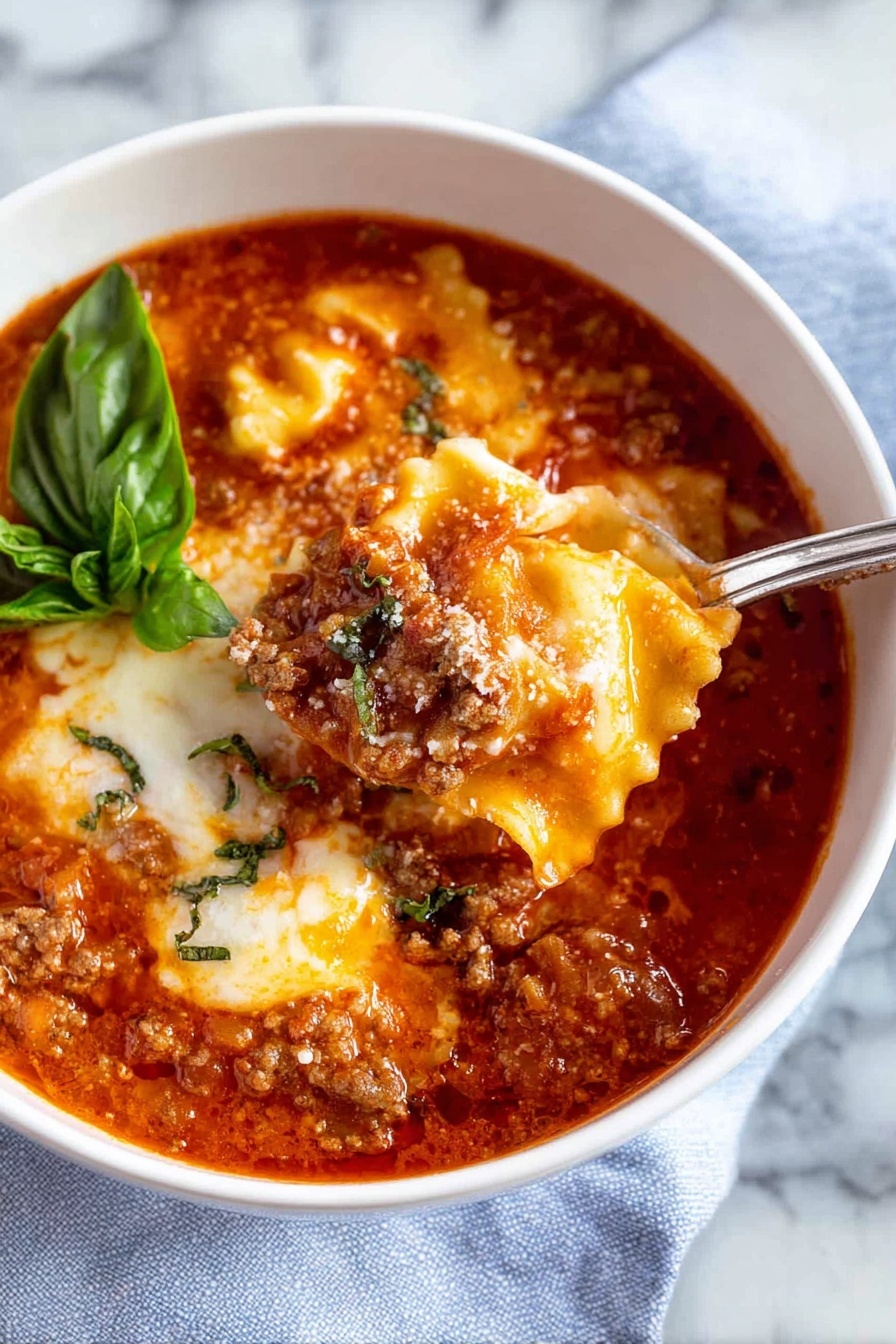 Lasagna Soup with Cheese and Spinach Recipe 6 A white bowl filled with a rich red soup that has a thick texture with visible small pieces of meat and pasta shaped like wavy-edged rectangles. In the center, there is a dollop of creamy white cheese, topped with two fresh green basil leaves. A silver spoon rests inside the bowl on the left side. The bowl sits on a white marbled surface, and a soft-striped cloth is partially visible on the left side. Photo taken with an iphone --ar 4:5 --v 7