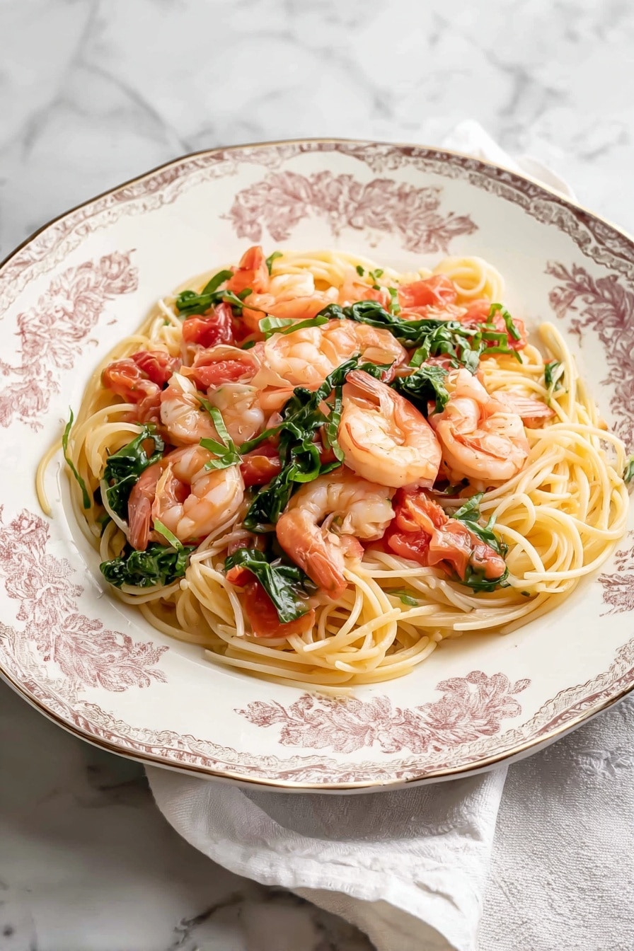 A white plate with flower and swirl patterns holds a serving of spaghetti. The pasta is light yellow and slightly glossy, spread out in a circular mound. Among the noodles, there are five pieces of pink shrimp, slightly curled, placed evenly around the plate. Small red tomato chunks and dark green leafy herbs are scattered on top and mixed through the pasta. The plate rests on a white marbled surface with a cream cloth partially visible on the right side. photo taken with an iphone --ar 4:5 --v 7