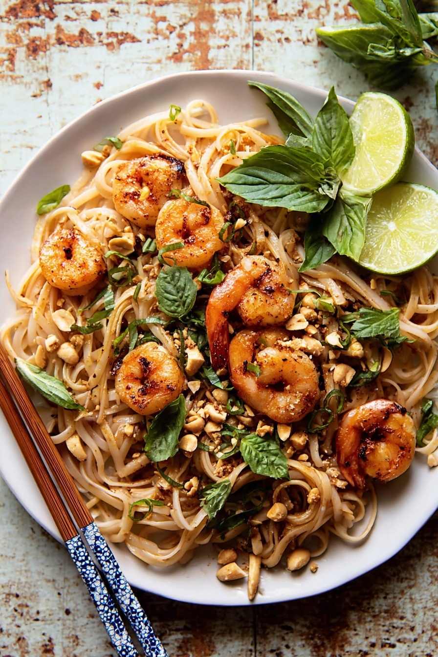 Garlic Butter Shrimp Pad Thai Recipe 6 A white plate holds a serving of light brown noodles as the bottom layer, topped with several cooked shrimp that have a slightly charred orange and pink color with black seasoning spots. Around and on top of the shrimp and noodles, there are scattered green leaves of fresh basil and small pieces of chopped nuts. Two lime wedges, pale green inside and brighter on the skin, rest on the noodles' edge at the top right. To the left of the plate, a pair of chopsticks with brown tips and blue, white floral patterned handles rests on the plate edge. The dish is set on a white marbled surface. photo taken with an iphone --ar 4:5 --v 7