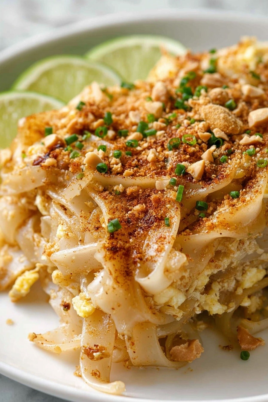 A close-up of a plate full of stir-fried flat rice noodles layered with small pieces of scrambled egg, bits of light brown cooked meat, and sprinkled with crushed peanuts and red chili flakes on top. Thin green onion pieces are mixed throughout the noodles, adding a touch of green color. The noodles have a glossy texture, showing they are well-cooked and coated with sauce. The background is a white marbled surface with a blurred lime visible in the distance. Photo taken with an iphone --ar 4:5 --v 7