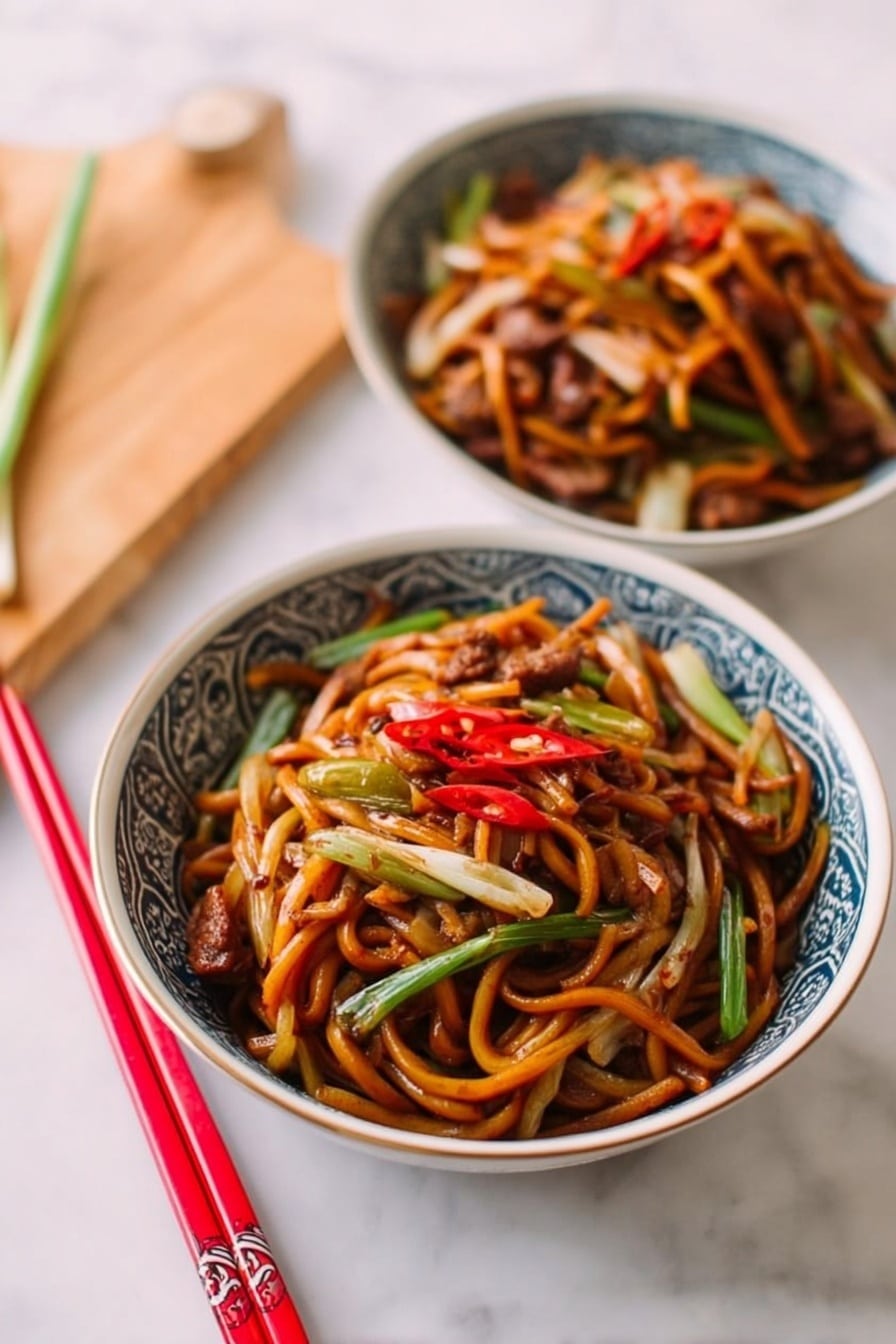 Restaurant-Style Chicken Lo Mein Recipe 5 Two round bowls with blue and white patterns hold stir-fried noodles mixed with pieces of cooked meat, thin orange carrot strips, and light-colored bean sprouts, creating a tangled and colorful texture. Each bowl is filled with glossy, slightly thick noodles that have a reddish-brown color, mixed with light green onion slices and scattered meat chunks browned in sauce. The bowls are placed on a white cloth on a white marbled surface, with a pair of red and gold chopsticks resting beside the bowls. The scene is warm and inviting, with the bowls viewed from above. photo taken with an iphone --ar 4:5 --v 7