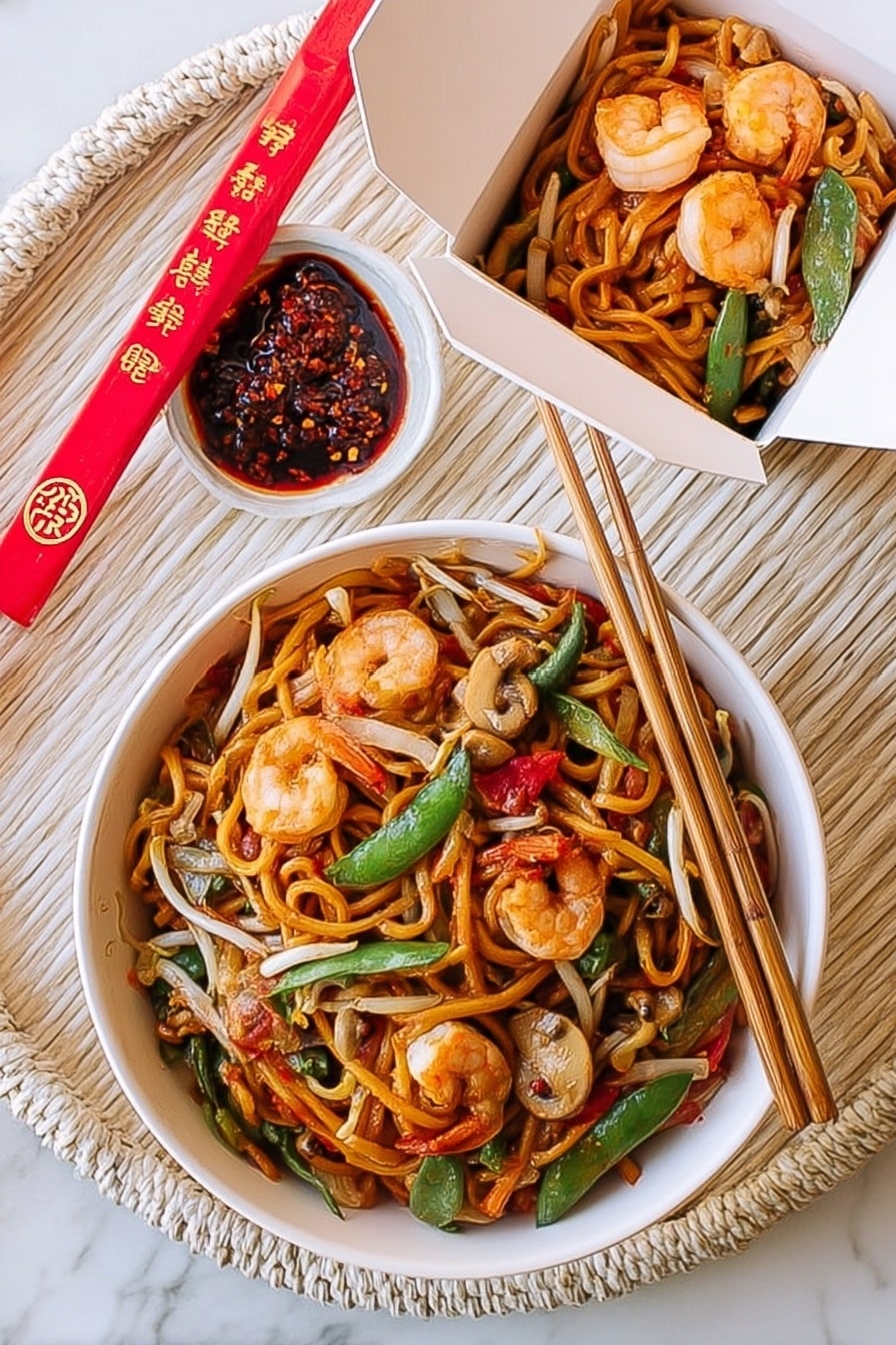 Shrimp Lo Mein Stir-Fry Recipe 6 This image shows a white takeout box filled with stir-fried noodles. On top, there are three shrimp, large and cooked to a light orange color. Mixed with the noodles are green snow peas, slice of brown mushroom, and a long pale bamboo shoot piece, all lightly coated with sauce. The noodles are thick and golden brown, with some small bits of green vegetables mixed in. The takeout box is placed on a white marbled surface with a white cloth nearby. A square white dish with some red chili sauce sits to the left. In the bottom part of the image, a partial view of a white plate with more noodles, shrimp, and green vegetables is visible. photo taken with an iphone --ar 4:5 --v 7