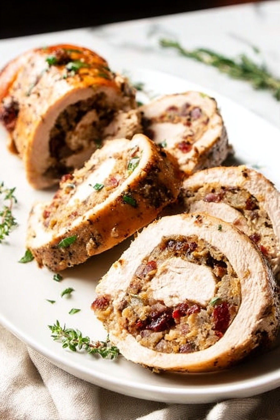 Turkey Breast with Sausage and Cranberry Stuffing Recipe 6 The image shows a white plate with sliced rolled meat arranged in a semi-circle. The roll has three visible layers: a browned outer layer of cooked meat with a slightly crispy texture, a middle white layer of tender meat, and an inner filling with a mixture of finely chopped ingredients in dark red and light tan colors, possibly dried fruit and stuffing. Small green herb leaves are sprinkled over the slices on the plate. The plate is placed on a white marbled surface with a white cloth partially visible. The lighting is bright and natural, highlighting the texture and colors of the dish. photo taken with an iphone --ar 4:5 --v 7