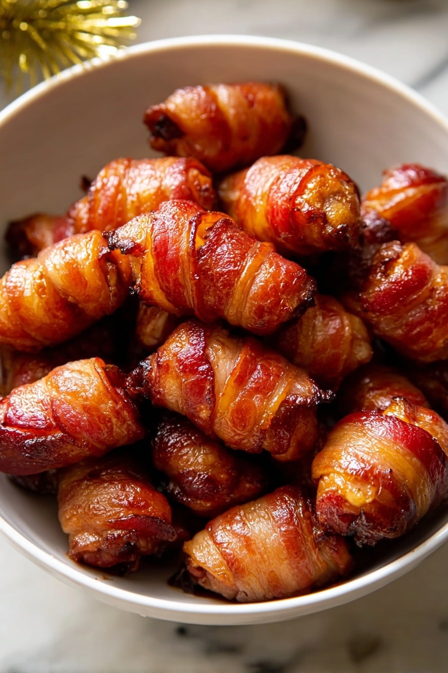 Honey Glazed Bacon-Wrapped Sausages Recipe 5 A white bowl filled with many small, golden-brown sausages wrapped tightly in shiny, crispy bacon strips. The bacon is cooked to a glossy, textured finish with some darker caramelized areas, showing a mix of pink, red, and brown colors. The sausages peek out slightly from the bacon wrapping, displaying a smooth, warm tone. The bowl sits on a white marbled surface, and a hint of a plate with green garnish is seen blurred in the background. photo taken with an iphone --ar 4:5 --v 7