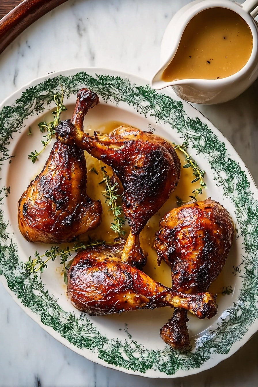 Roasted Goose Legs with Cherry Glaze Recipe 6 The image shows a large white oval plate with a green floral border, holding four pieces of roasted dark golden-brown duck legs with crispy skin, each placed close to one another and slightly overlapping. Around the duck legs, small sprigs of fresh green thyme add a touch of color. On the right side of the plate, there is a white sauce boat filled with smooth, light brown gravy, with its spout pointing toward the edge of the plate. The setting is on a white marbled surface that adds a clean and bright background to the dish. Photo taken with an iphone --ar 4:5 --v 7