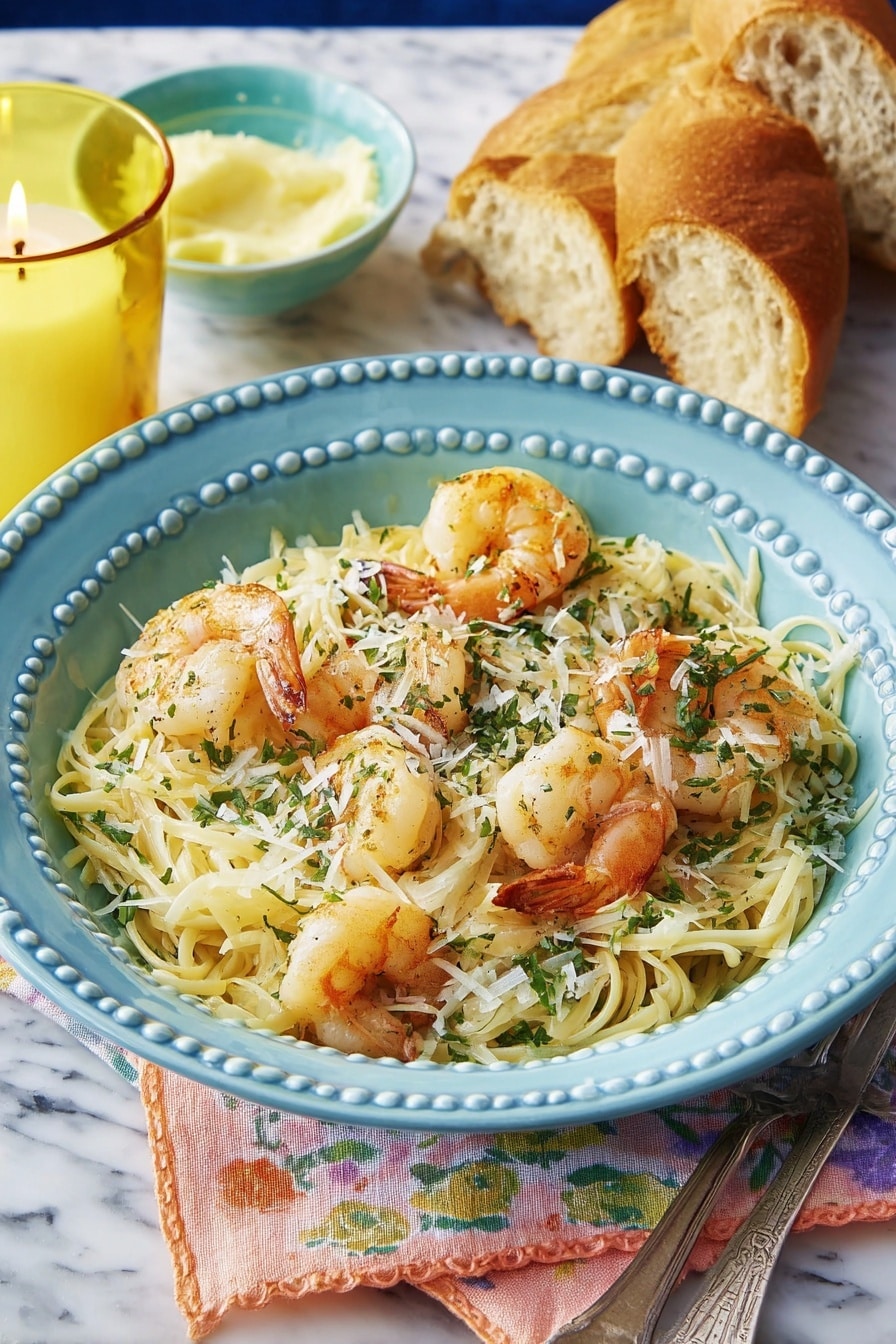 A close-up view of a large black pan filled with a layer of thin yellow pasta noodles at the bottom, topped with bright orange cooked shrimp spread evenly. Over the shrimp and noodles, there are fresh green chopped herbs scattered all over. A woman's hand is sprinkling shredded white cheese from above onto the dish. A silver slotted spoon is partially in the pan on the right side, resting on the white marbled surface below photo taken with an iphone --ar 4:5 --v 7