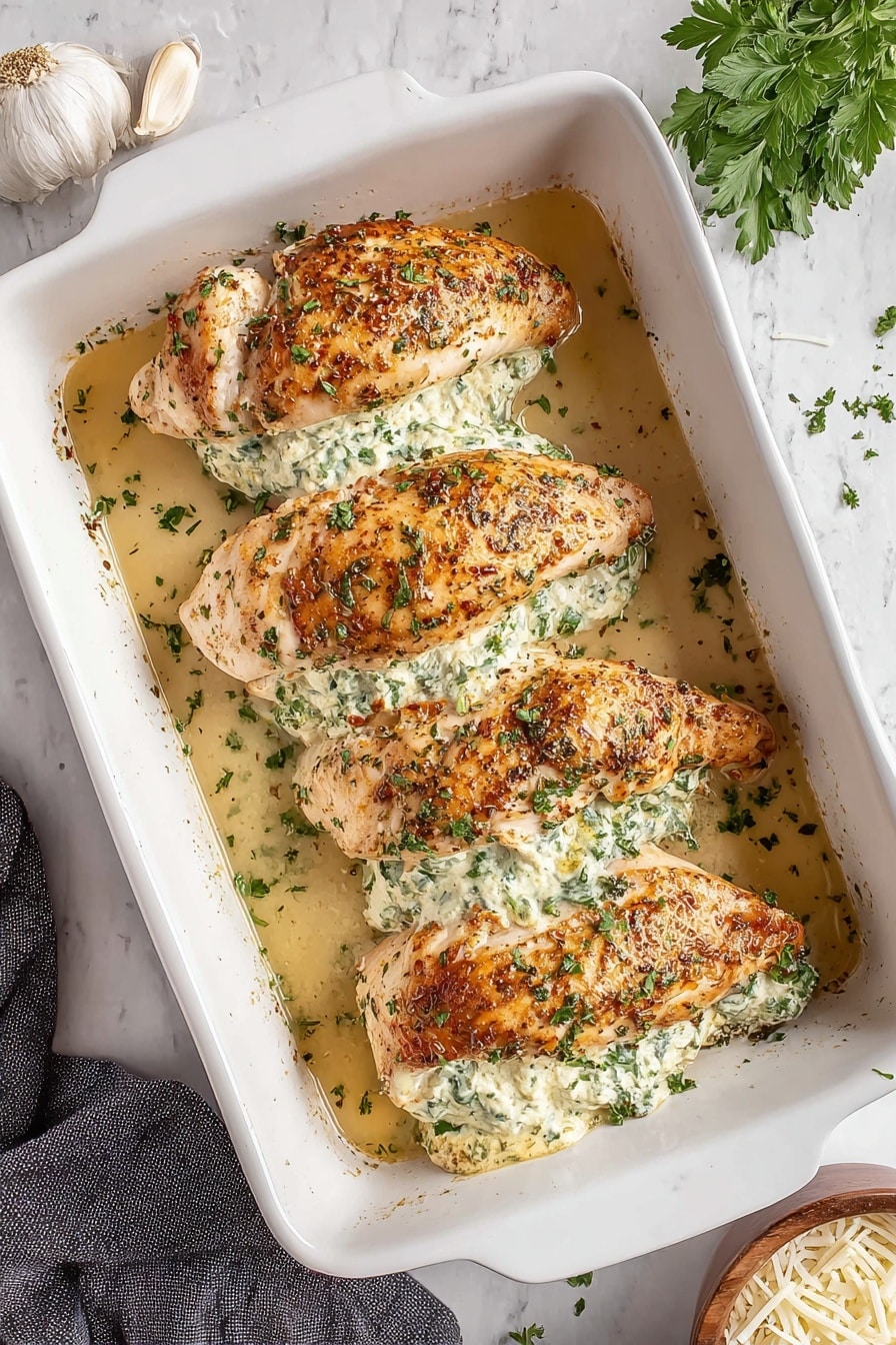 A white plate on a white marbled surface holds a meal with two main parts: on the left is a fresh mixed green salad with bright green spinach leaves, dark red leafy greens, sliced red onions, and halved red cherry tomatoes, all lightly sprinkled with black pepper. On the right, a grilled chicken breast sits stuffed with a creamy white and green filling, cut open to show the soft filling inside; the chicken is golden brown with herb specks on top. A silver fork holds a piece of the stuffed chicken, resting on the plate near the salad. A light blue cloth napkin is beside the plate with a silver knife next to it. Photo taken with an iphone --ar 4:5 --v 7