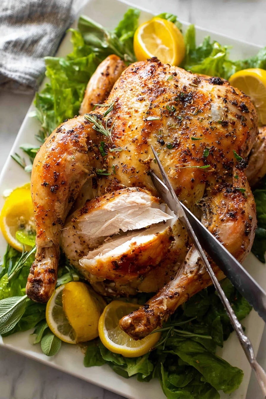 No Fuss Herb Butter Roasted Turkey Recipe 6 A whole roasted chicken with golden brown skin speckled with herbs sits in the center of a white rectangular plate. The chicken is placed on a bed of dark green leafy lettuce, with halved bright yellow lemons tucked around its edges. A woman's hand holds a knife slicing through one side of the chicken, revealing the juicy white meat inside. The background is a white marbled surface. photo taken with an iphone --ar 4:5 --v 7
