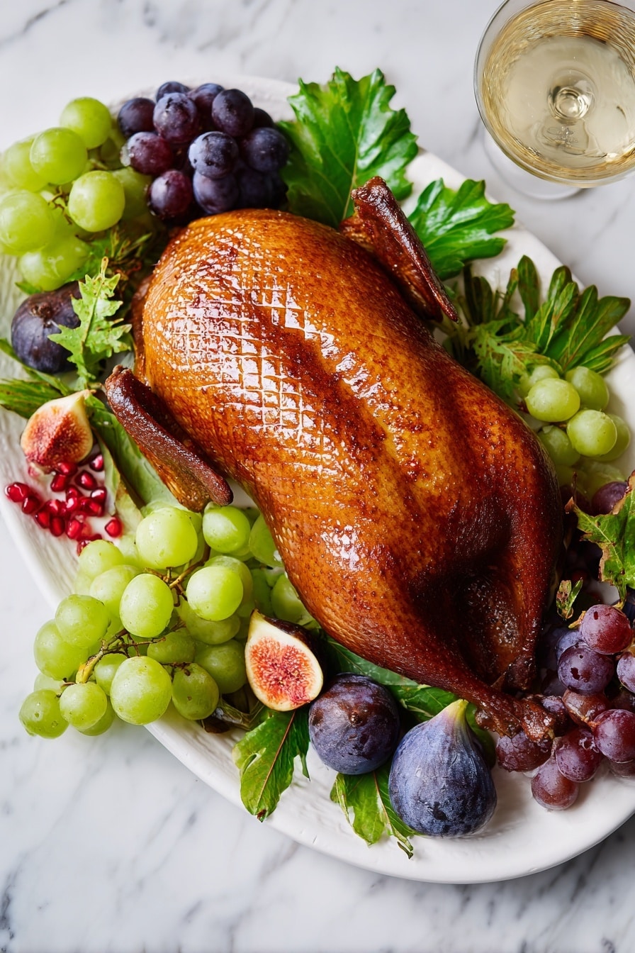 A whole roasted duck with a crispy, dark brown, and shiny skin featuring a diamond-shaped pattern on top, placed at the center of a large white plate. Surrounding the duck are bunches of purple and green grapes, slices of light pink figs, and clusters of bright red pomegranate seeds, all resting on a bed of deep green leafy herbs. The plate sits on a white marbled surface, enhancing the colors and textures of the dish. photo taken with an iphone --ar 4:5 --v 7