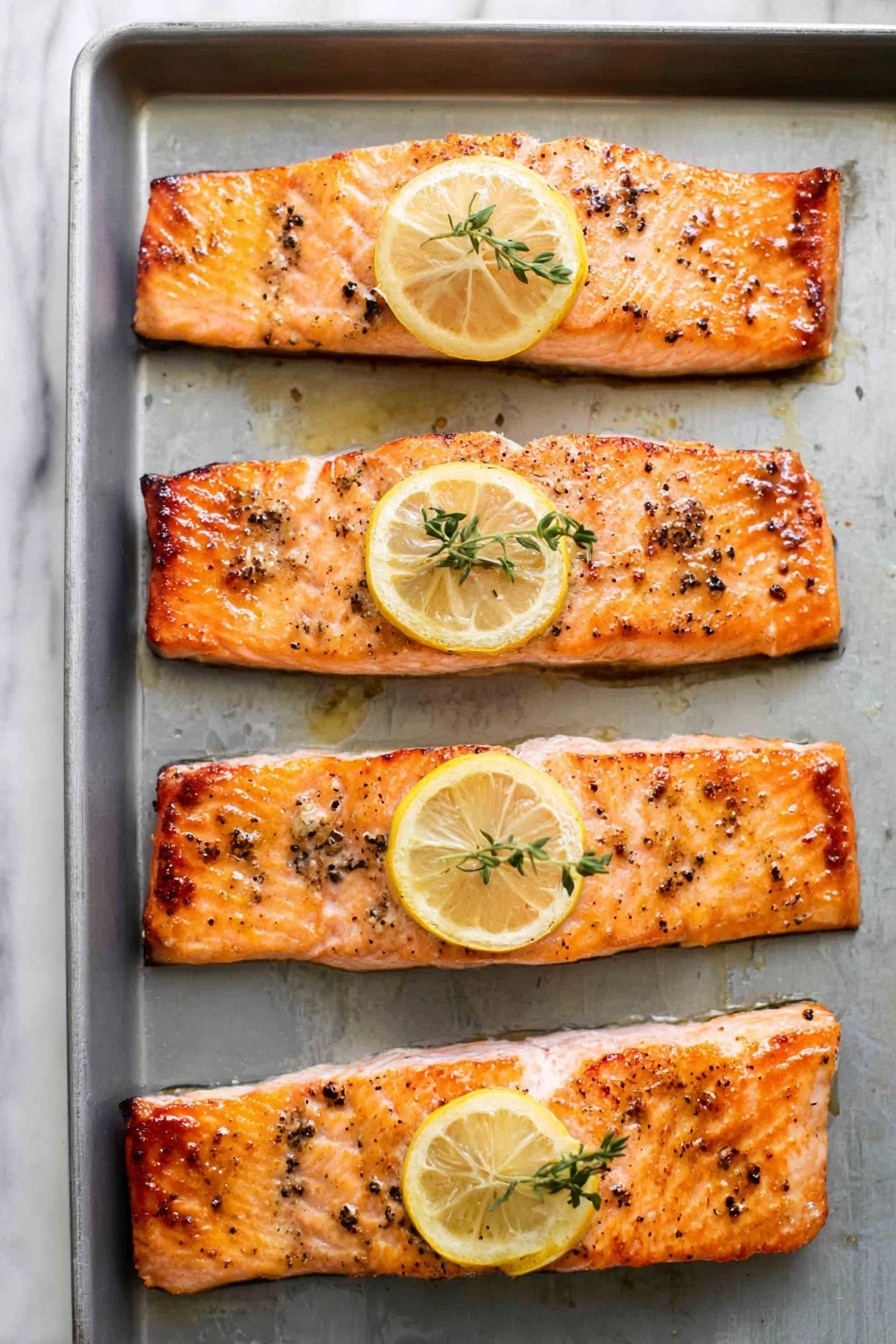Healthy Baked Salmon with Lemon and Garlic Recipe 5 The image shows four grilled salmon fillets arranged in a vertical line on a baking tray. Each fillet has a crispy, slightly browned orange-pink surface with visible seasoning, creating a textured look. On top of each fillet, there is a thin lemon slice and a small green herb sprig placed near the center, adding color contrast and freshness. The baking tray has a smooth grey surface with slight marks from cooking. The background is white marbled texture. photo taken with an iphone --ar 4:5 --v 7