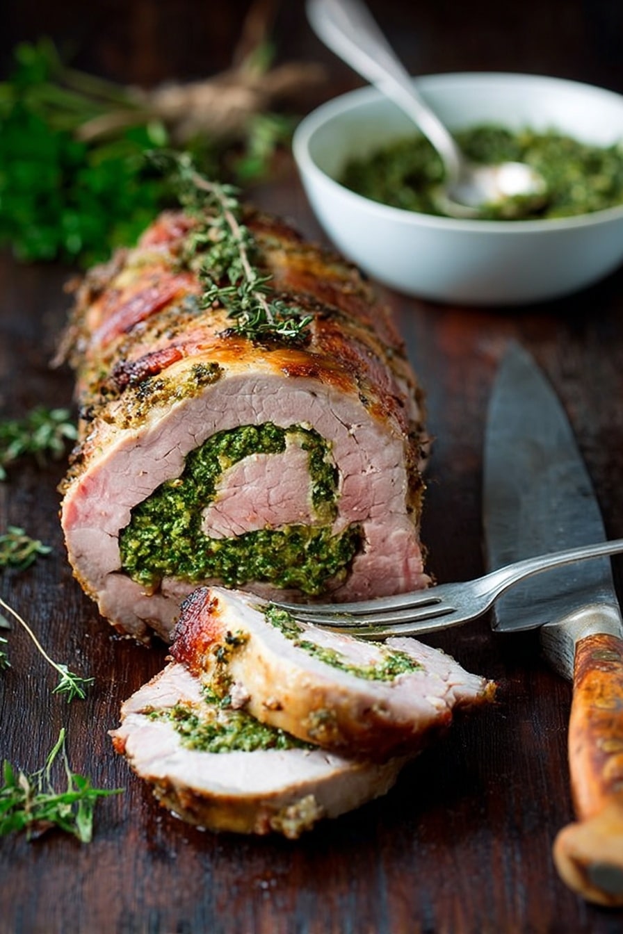 The image shows several slices of a roast with three visible layers on a dark wooden surface: the top layer is a light brown herb crust, the middle layer is a bright green herb filling, and the inner layer is a pink cooked meat. A silver fork pierces one slice in the foreground, and a knife with a brown handle is placed next to the slices. A small white bowl with a green sauce and a spoon is in the background. Some green herbs are scattered around. Photo taken with an iphone --ar 4:5 --v 7