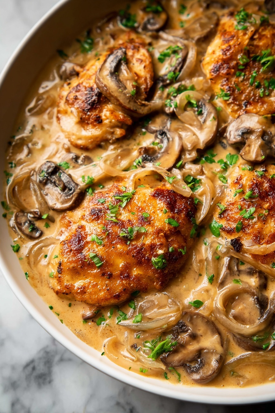 The dish shows three golden brown cooked pieces covered in a creamy light brown sauce, scattered with slightly browned mushroom slices and caramelized onion rings. Fresh green herb leaves are sprinkled on top, adding a touch of brightness to the rich texture. The food is served in a skillet, and the close-up shot highlights the texture of the sauce and the crispy crust of the cooked pieces, with a white marbled texture background. photo taken with an iphone --ar 4:5 --v 7