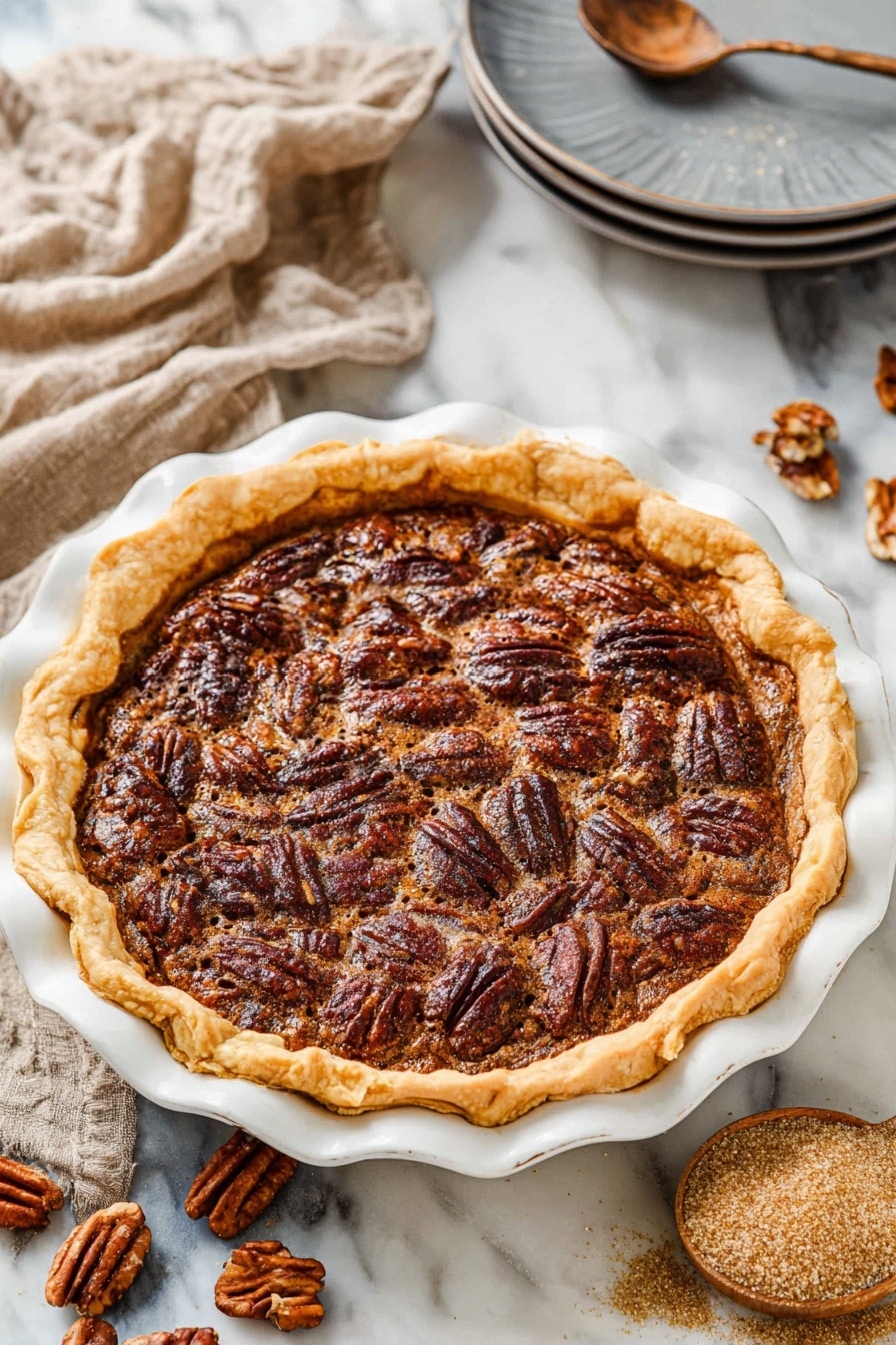 A slice of pecan pie is held above a white pie dish on a white marbled surface. The pie has three visible layers: a thick, golden flaky crust around the edges, a gooey light brown filling in the middle, and a top layer filled with whole, glossy toasted pecans that are dark brown and textured. The crust edges are wavy and slightly crumbly, and some crumbs fall into the dish below. The background shows scattered whole pecans out of focus. Photo taken with an iphone --ar 4:5 --v 7